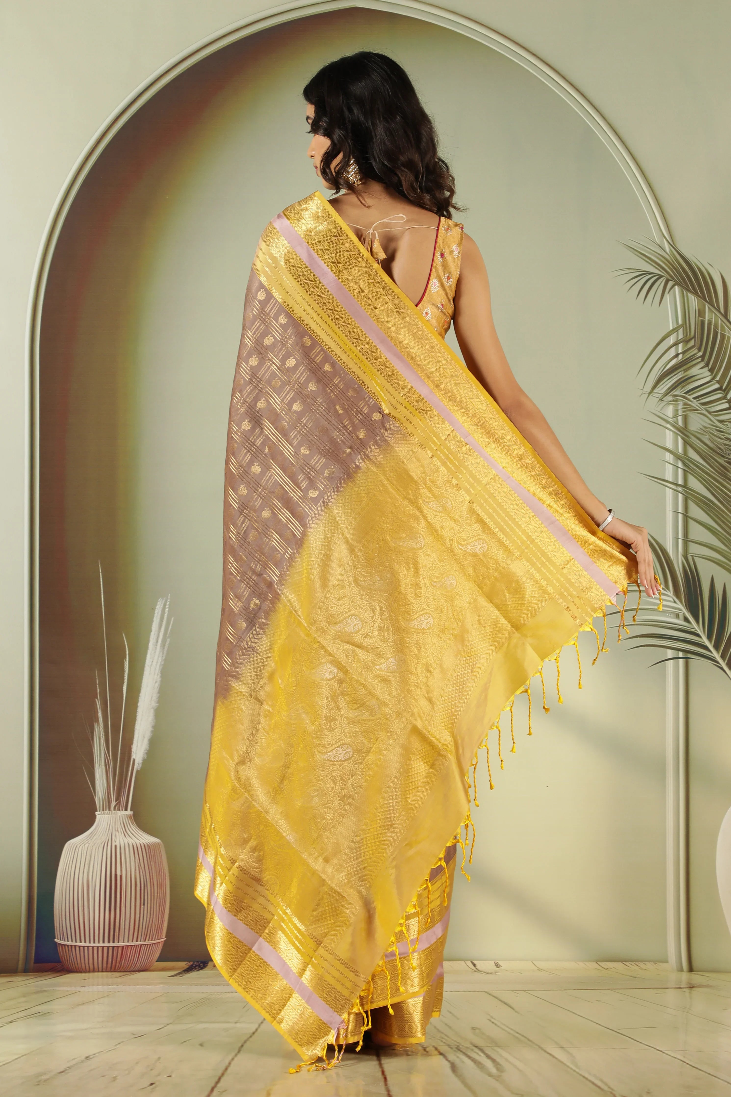 Light Brown Soft Silk Saree with Contrast Yellow Pallu - Mokshaa
