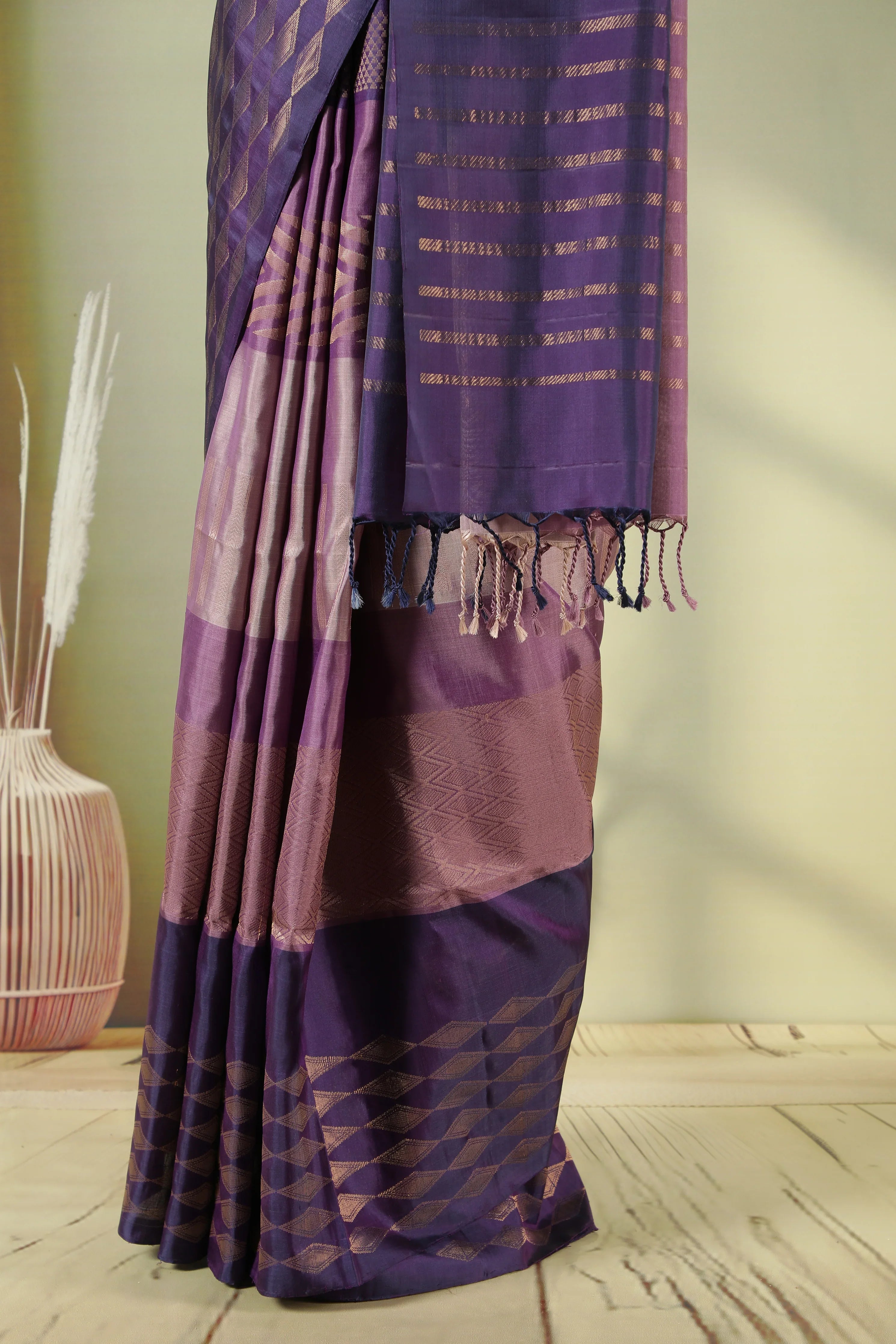 Light Purple Soft Silk Saree with Fancy Weaving & Contrast Blouse - Mokshaa