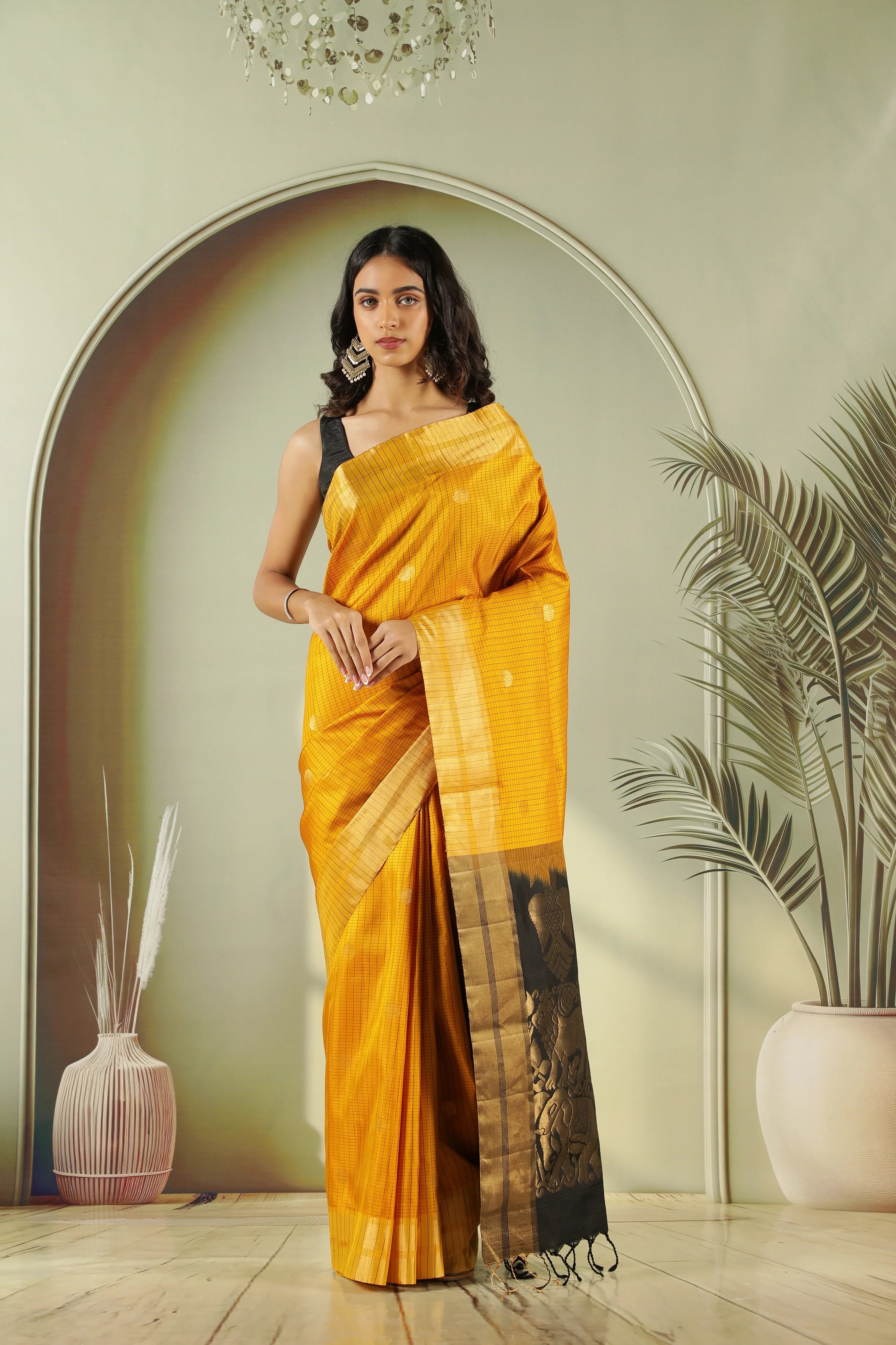 Mustard Soft Silk Saree with Contrast Black Zari Pallu - Mokshaa