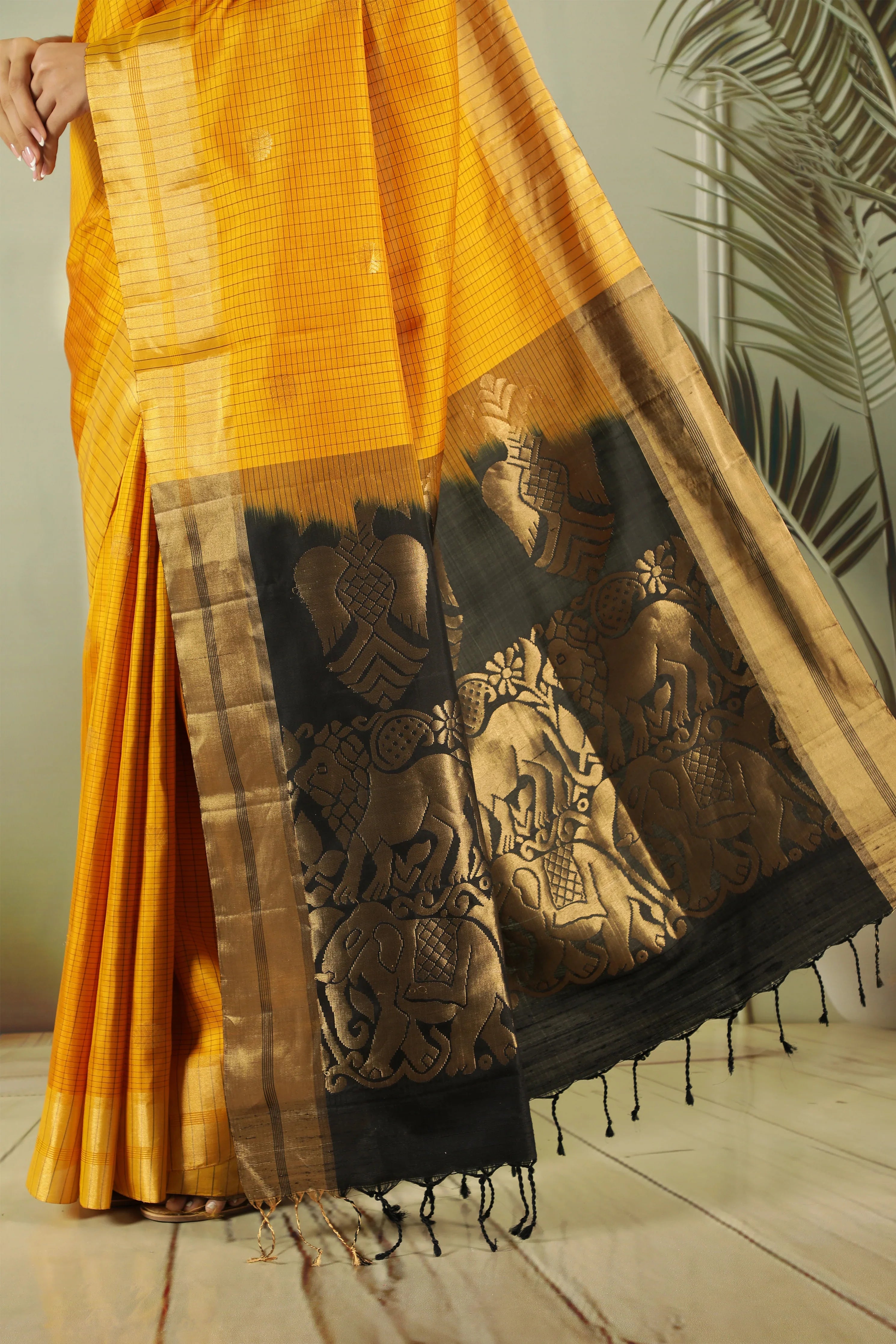 Mustard Soft Silk Saree with Contrast Black Zari Pallu - Mokshaa