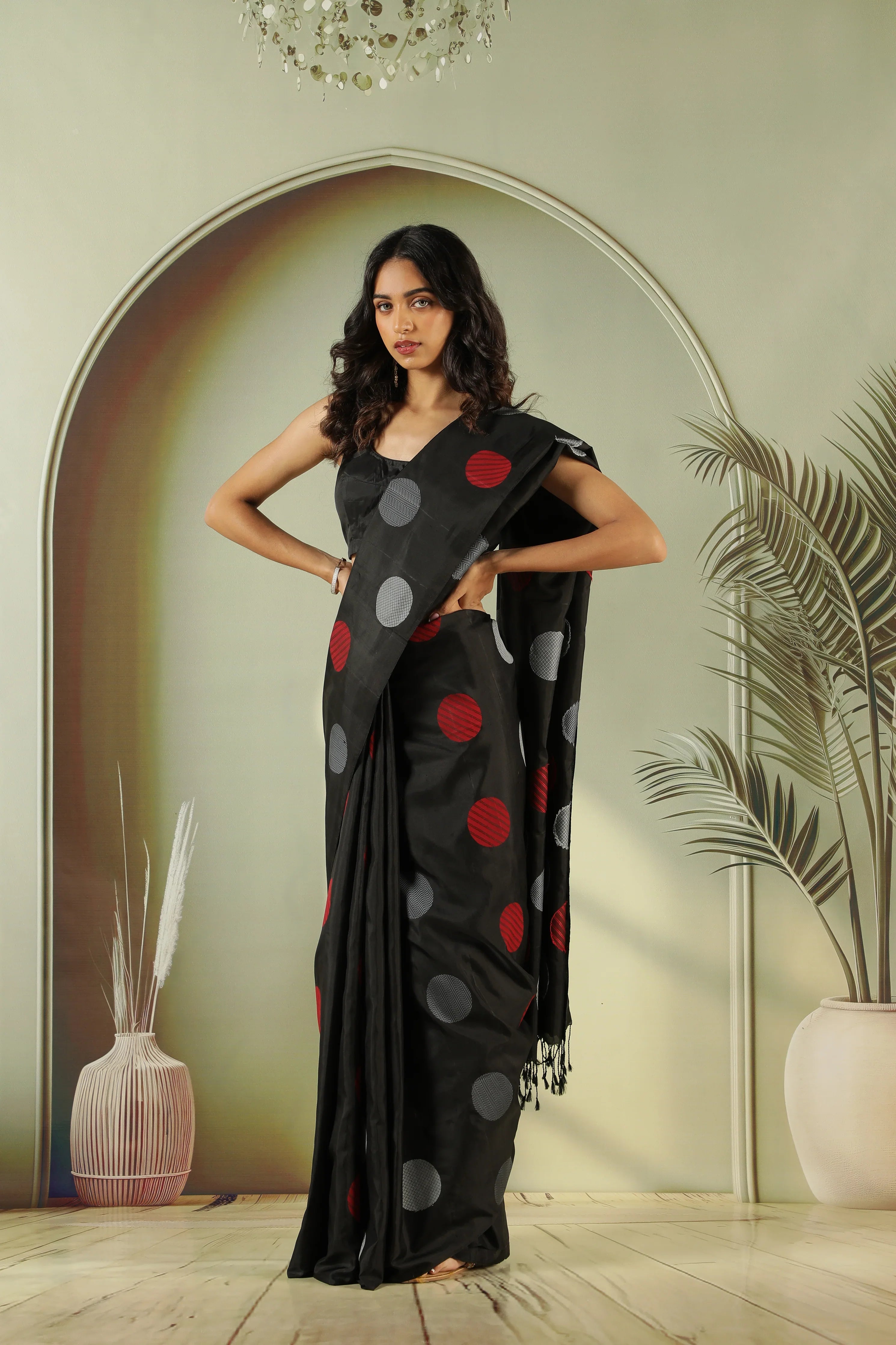 Black Soft Silk Saree with Silver Grey & Red Butta - Mokshaa