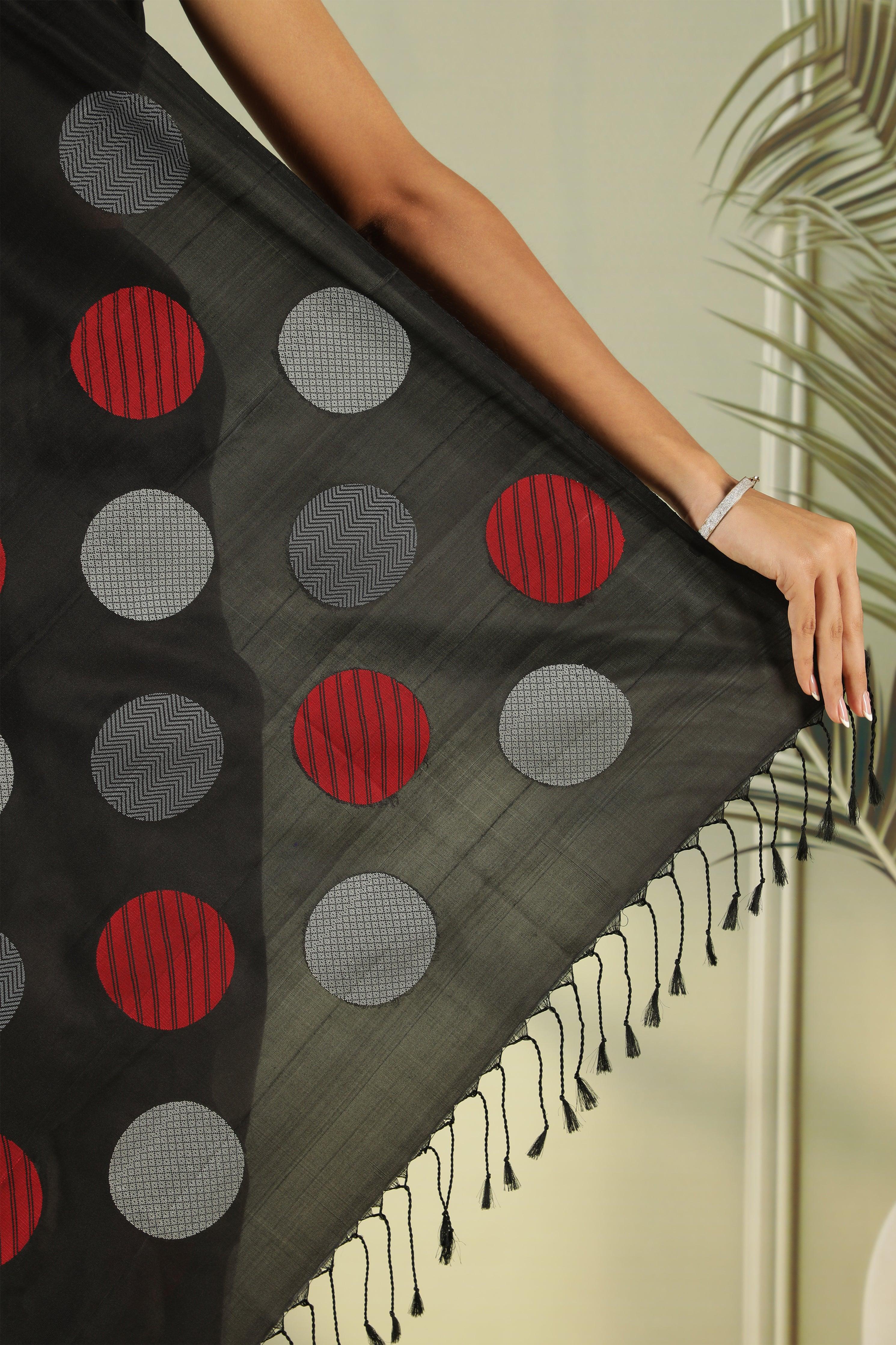 Black Soft Silk Saree with Silver Grey & Red Butta - Mokshaa