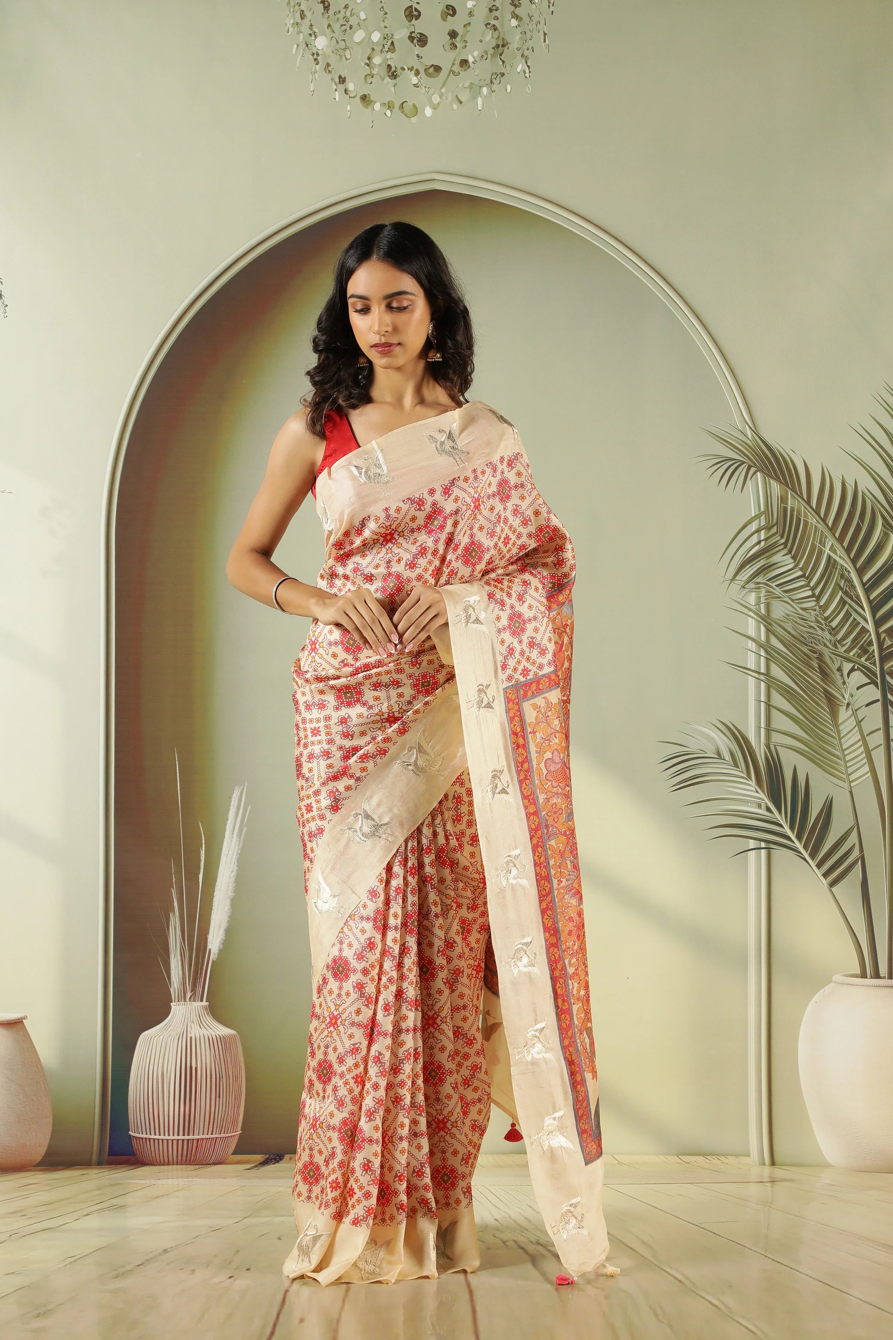 Cream Tussar Silk Saree with Ikat Print & Zari Butti Border - Mokshaa