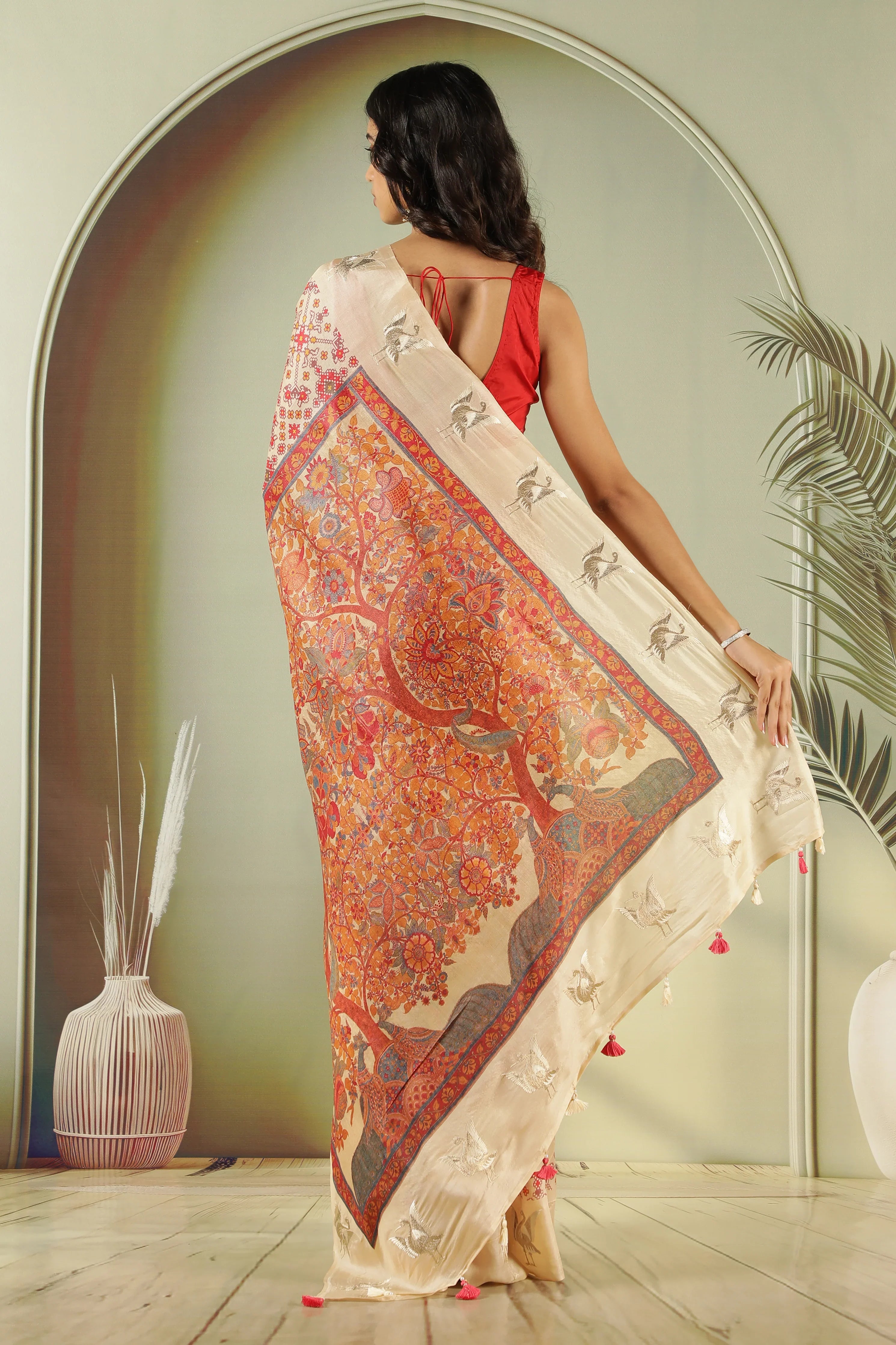 Cream Tussar Silk Saree with Ikat Print & Zari Butti Border - Mokshaa