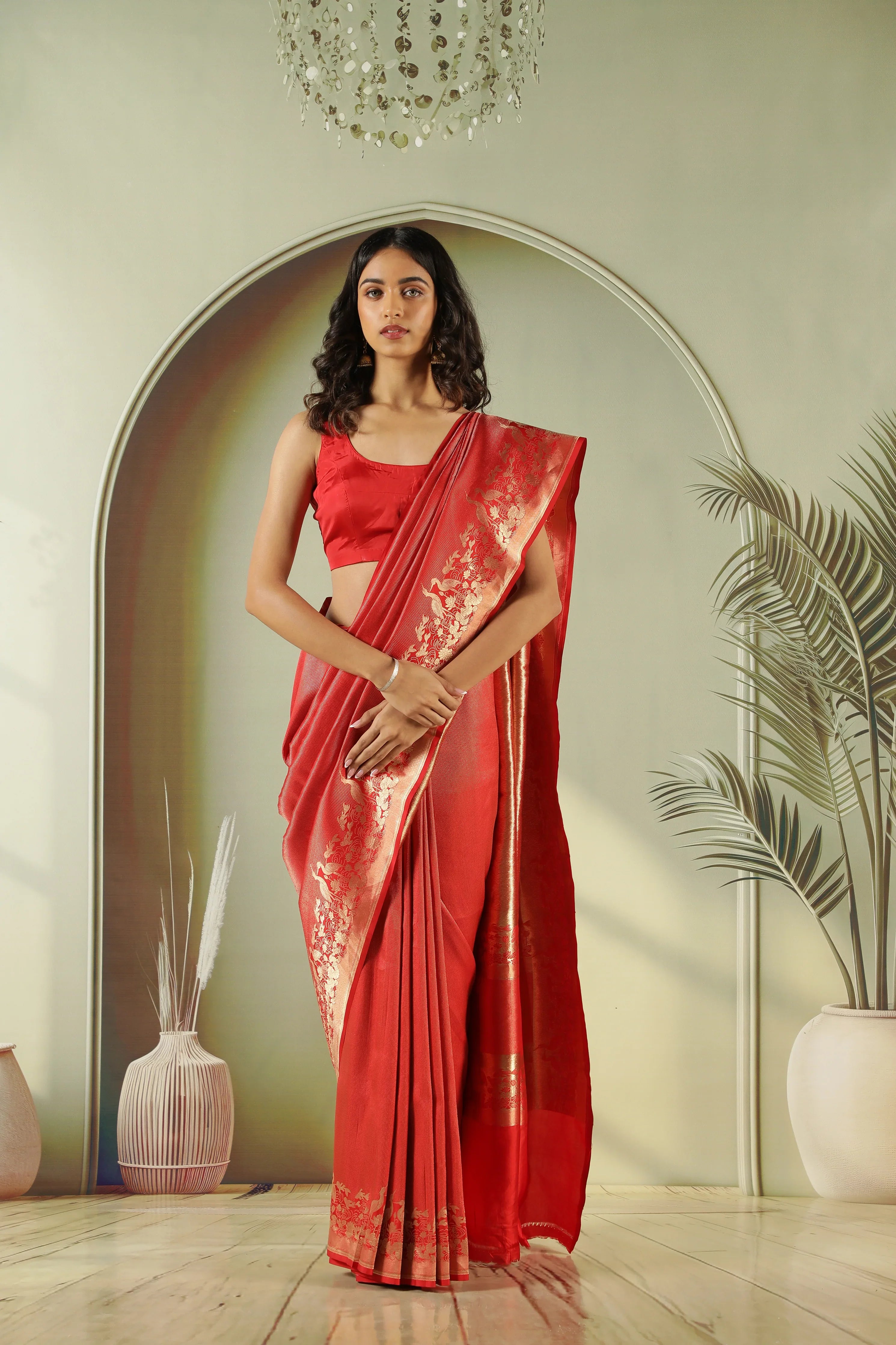Red Banarasi Silk Saree with Self Zari Weaving & Ornate Fancy Border - Mokshaa