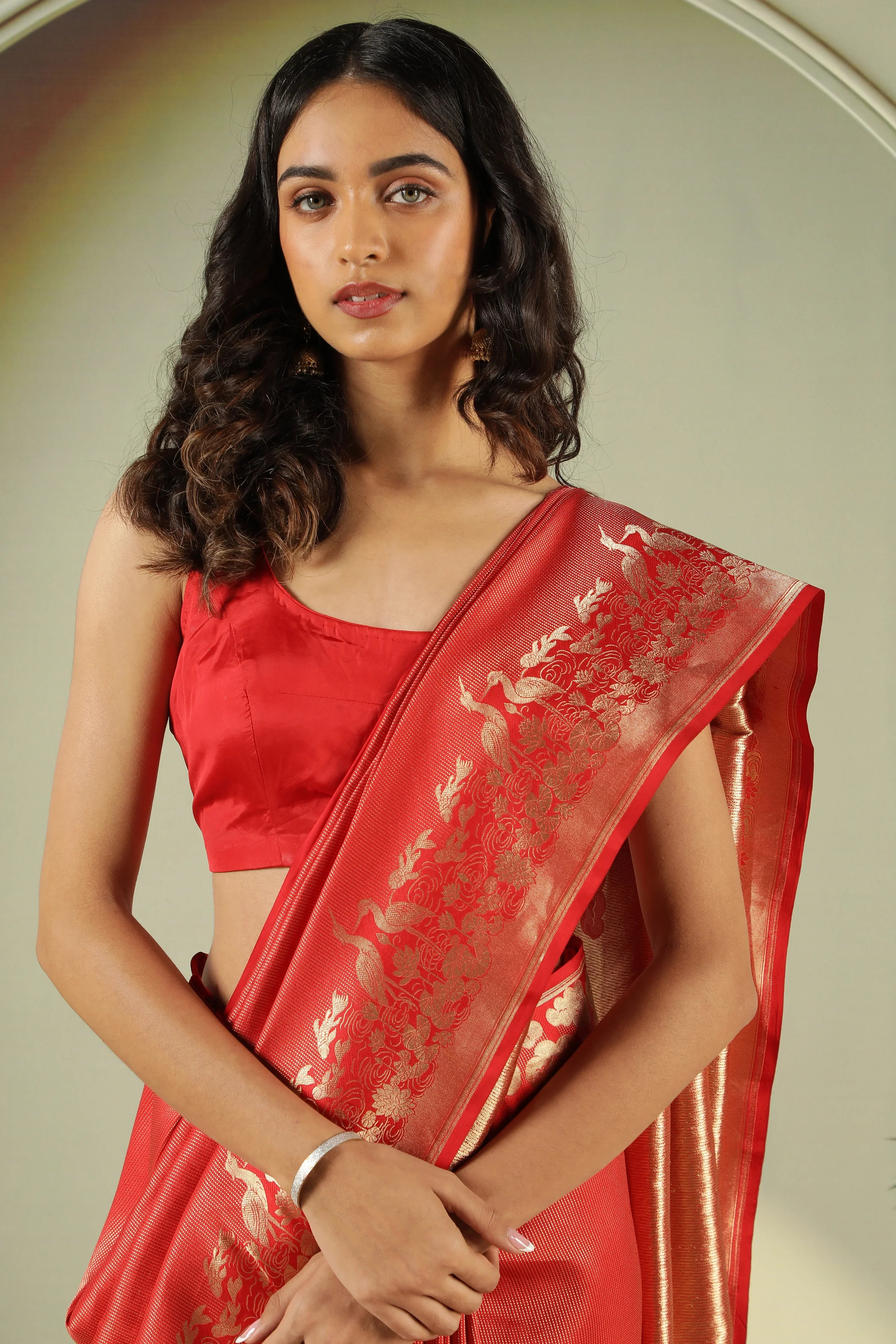 Red Banarasi Silk Saree with Self Zari Weaving & Ornate Fancy Border - Mokshaa
