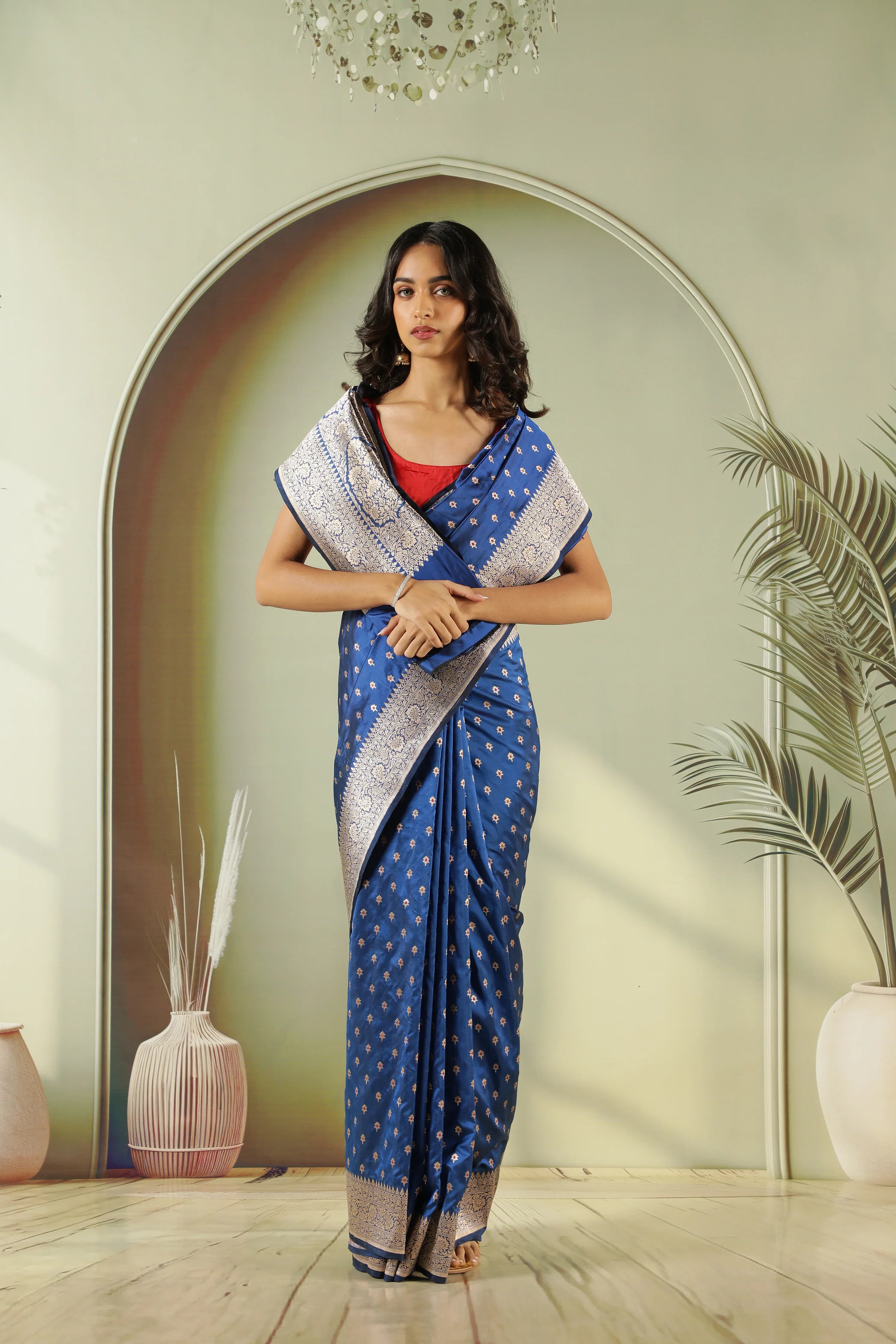 Royal Blue Banarasi Silk Saree with Butti Weaving & Zari Border - Mokshaa