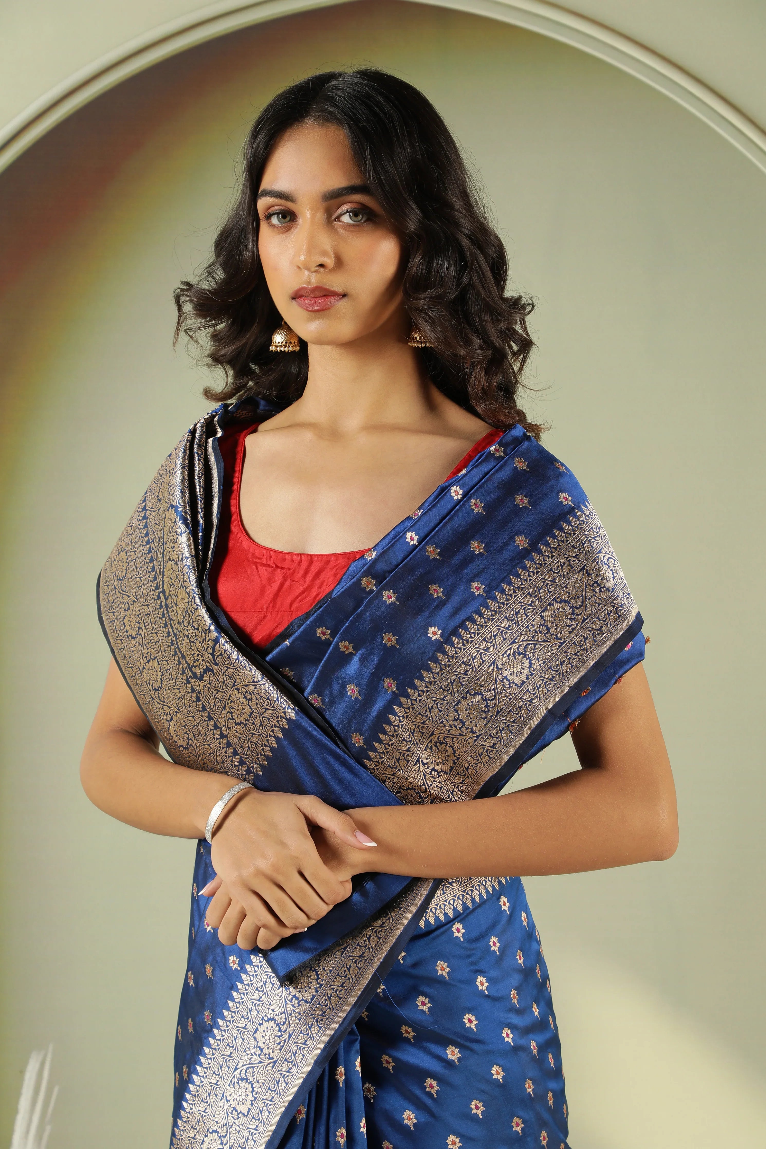 Royal Blue Banarasi Silk Saree with Butti Weaving & Zari Border - Mokshaa