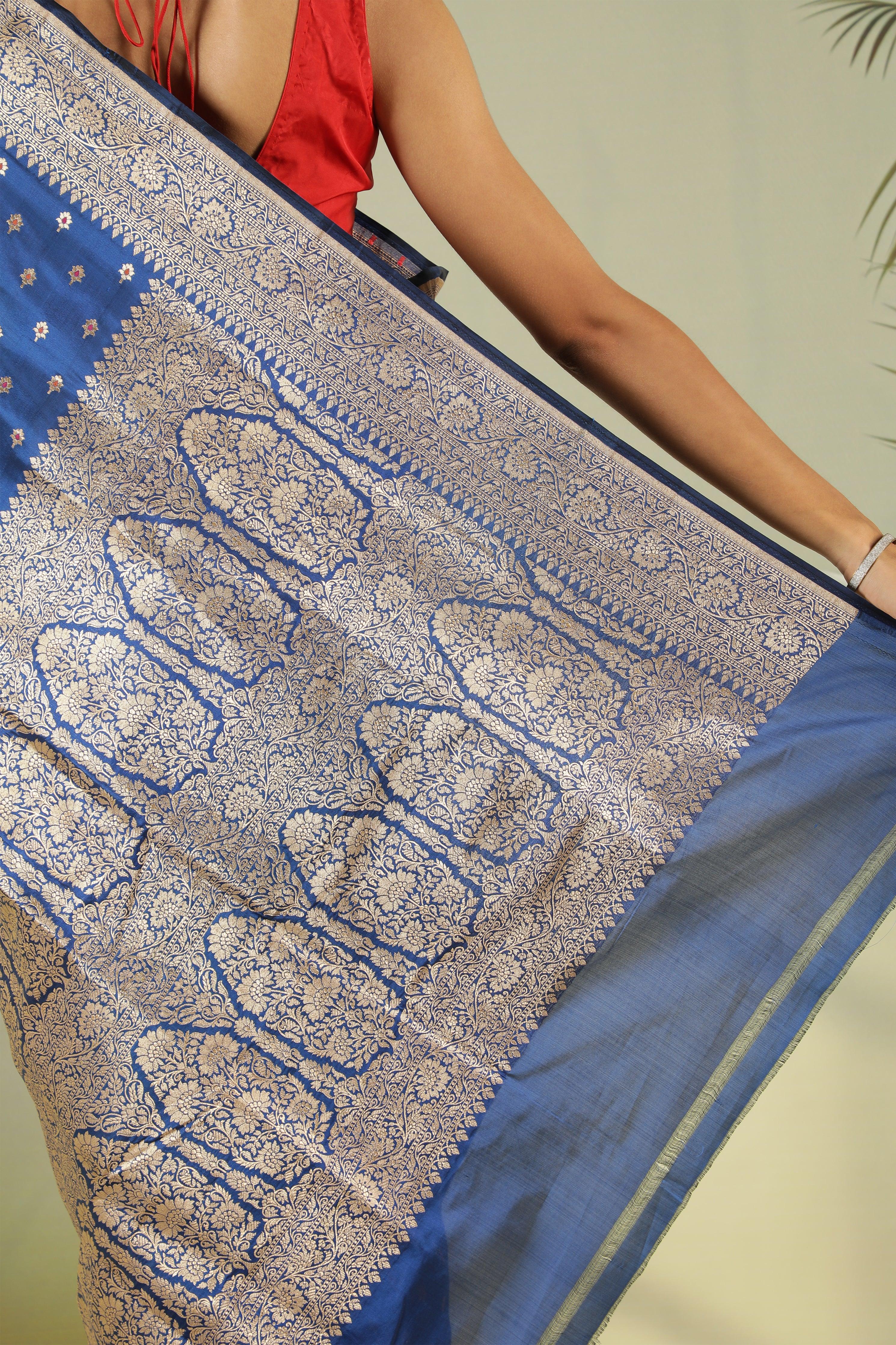 Royal Blue Banarasi Silk Saree with Butti Weaving & Zari Border - Mokshaa