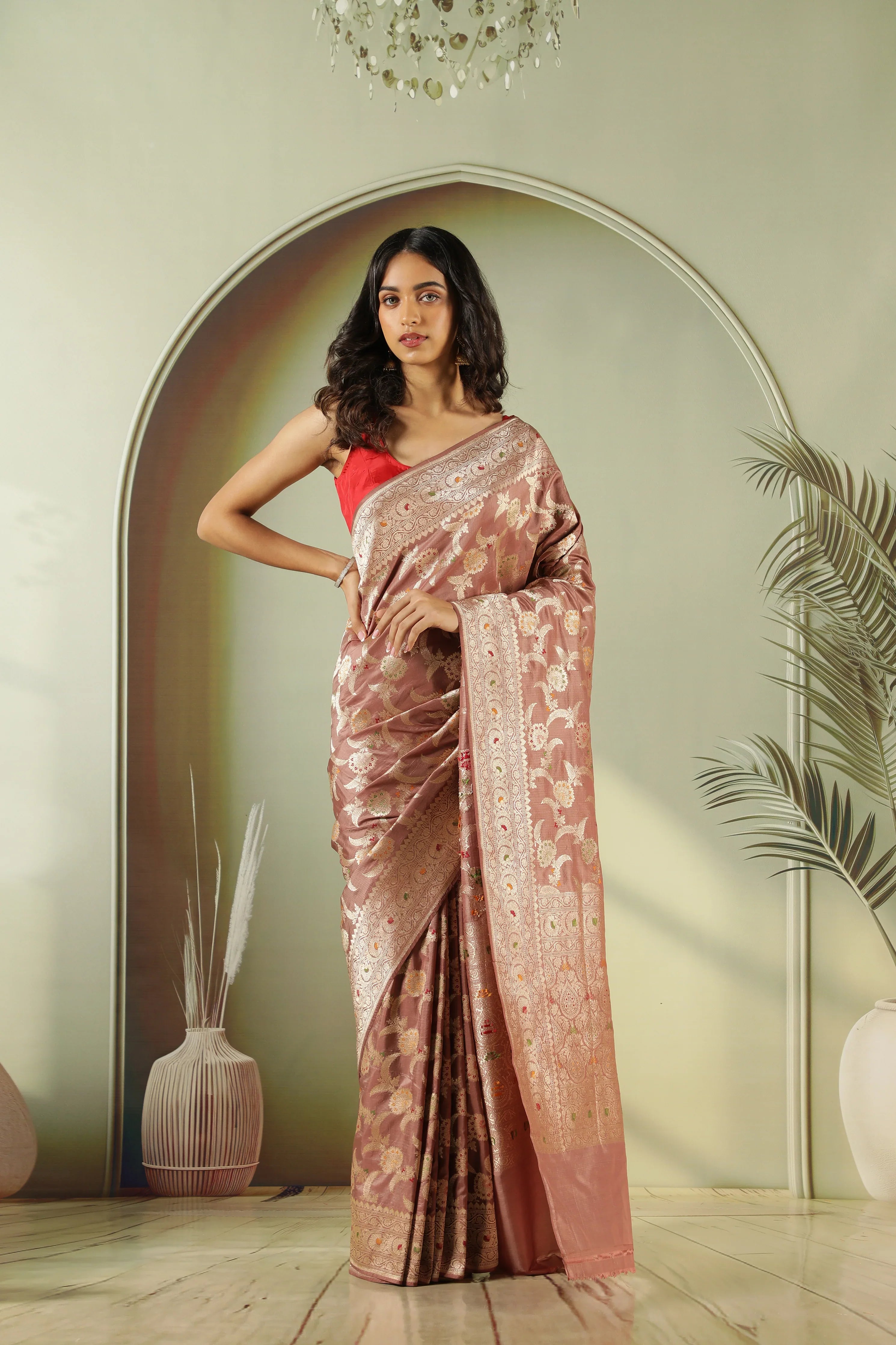 Chikko Banarasi Silk Saree with Meenakari Jaal & Zari Border - Mokshaa