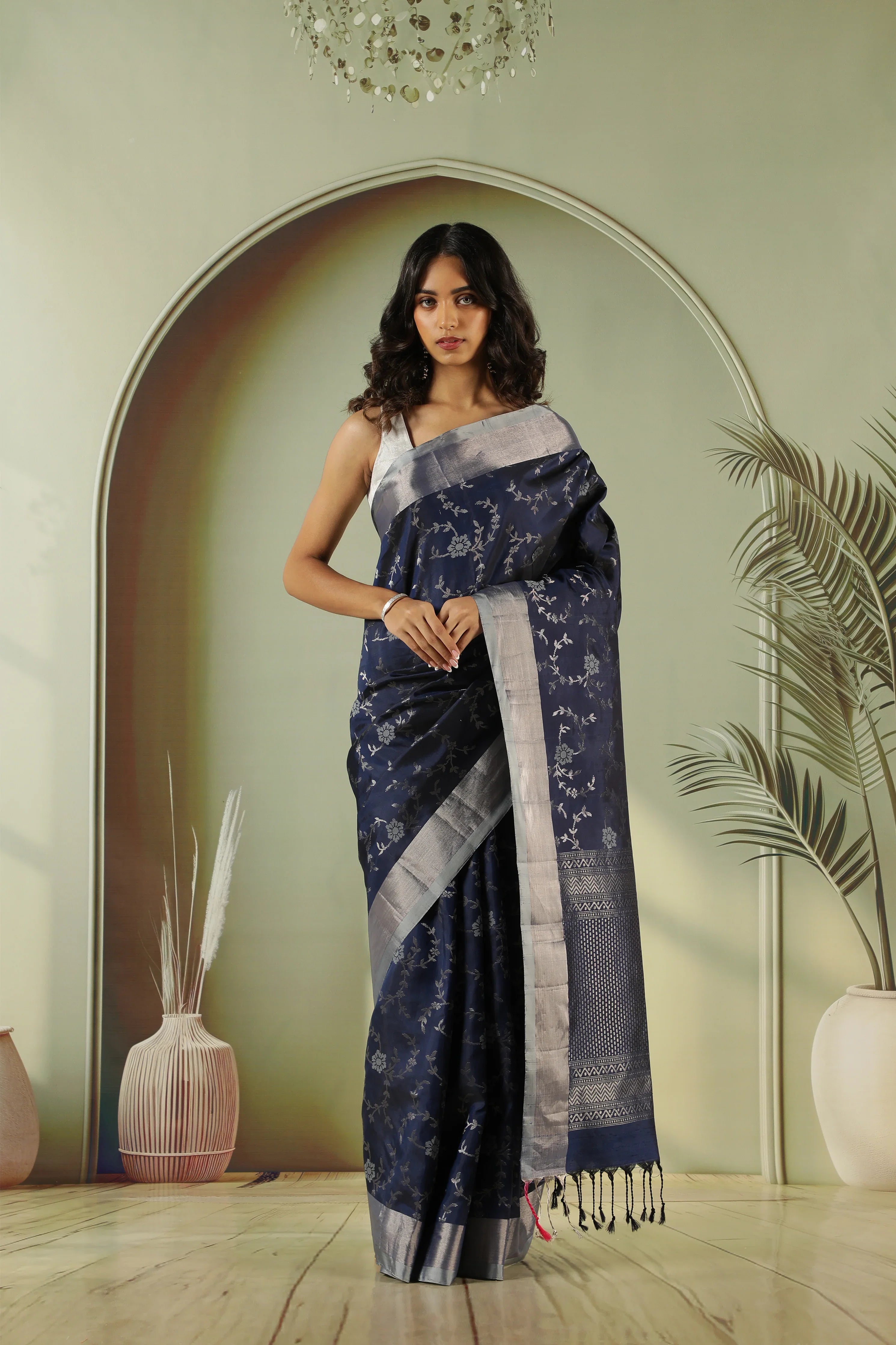 Midnight Blue Soft Silk Saree with Zari Jaal - Mokshaa