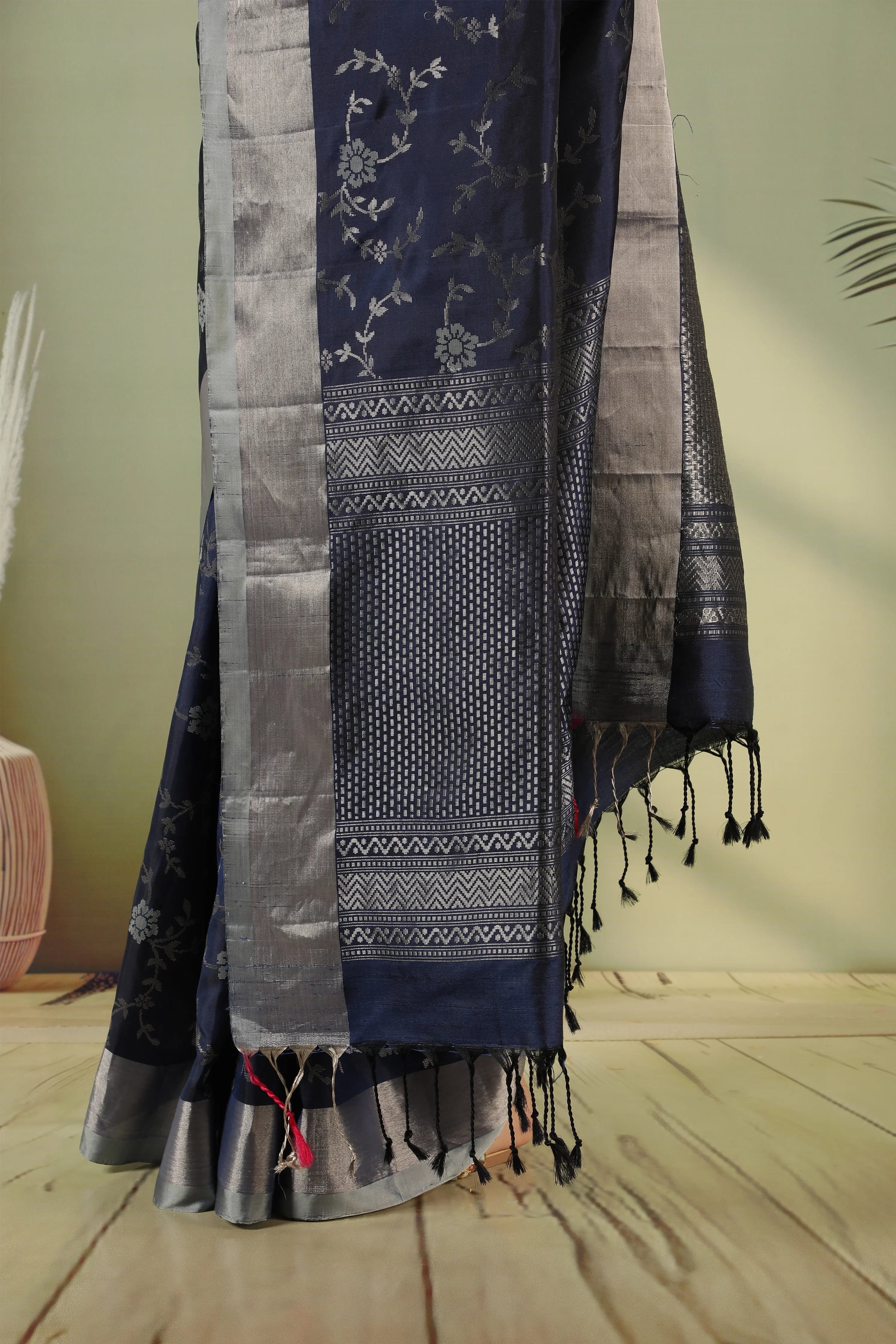 Midnight Blue Soft Silk Saree with Zari Jaal - Mokshaa