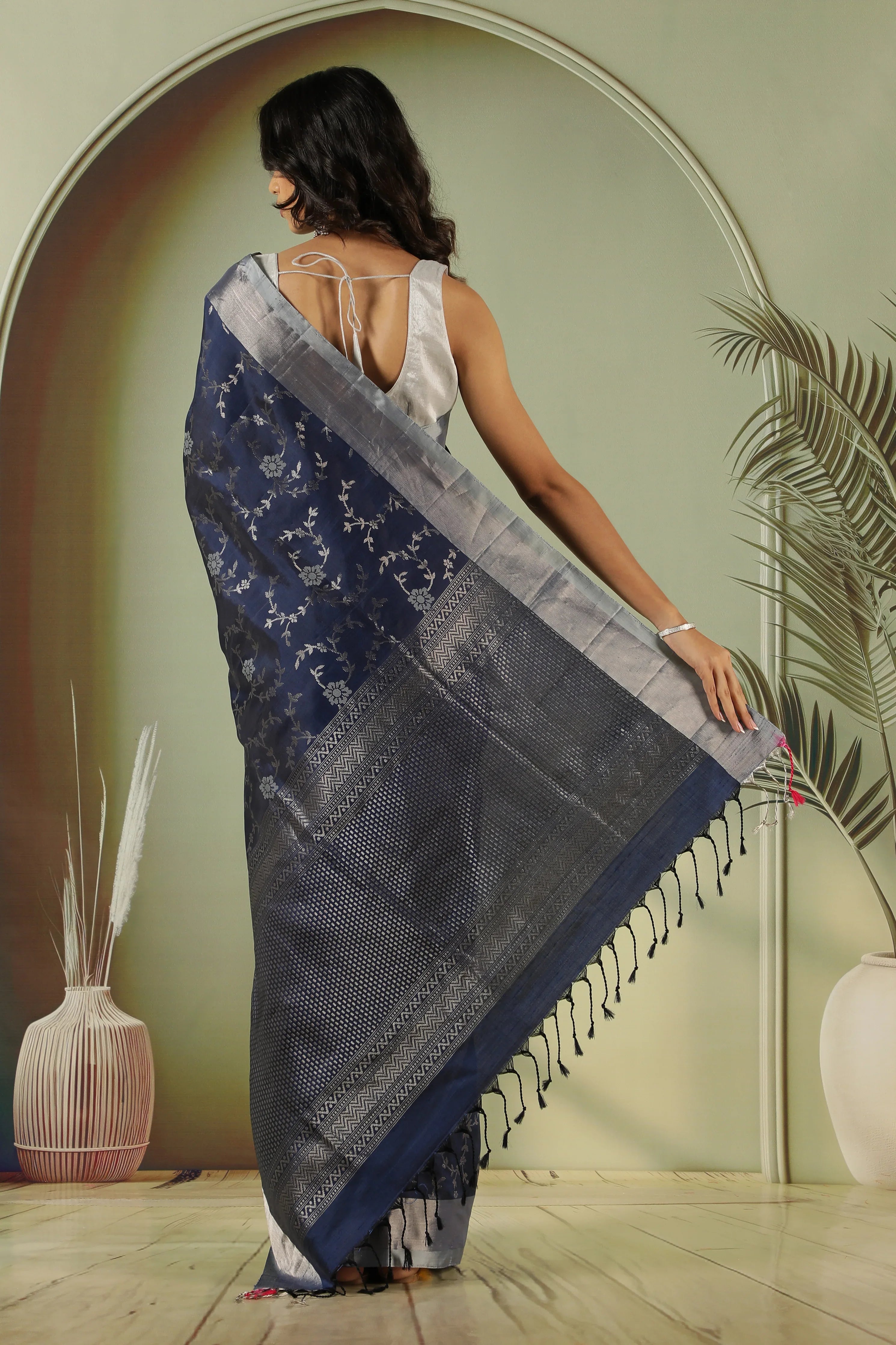 Midnight Blue Soft Silk Saree with Zari Jaal - Mokshaa