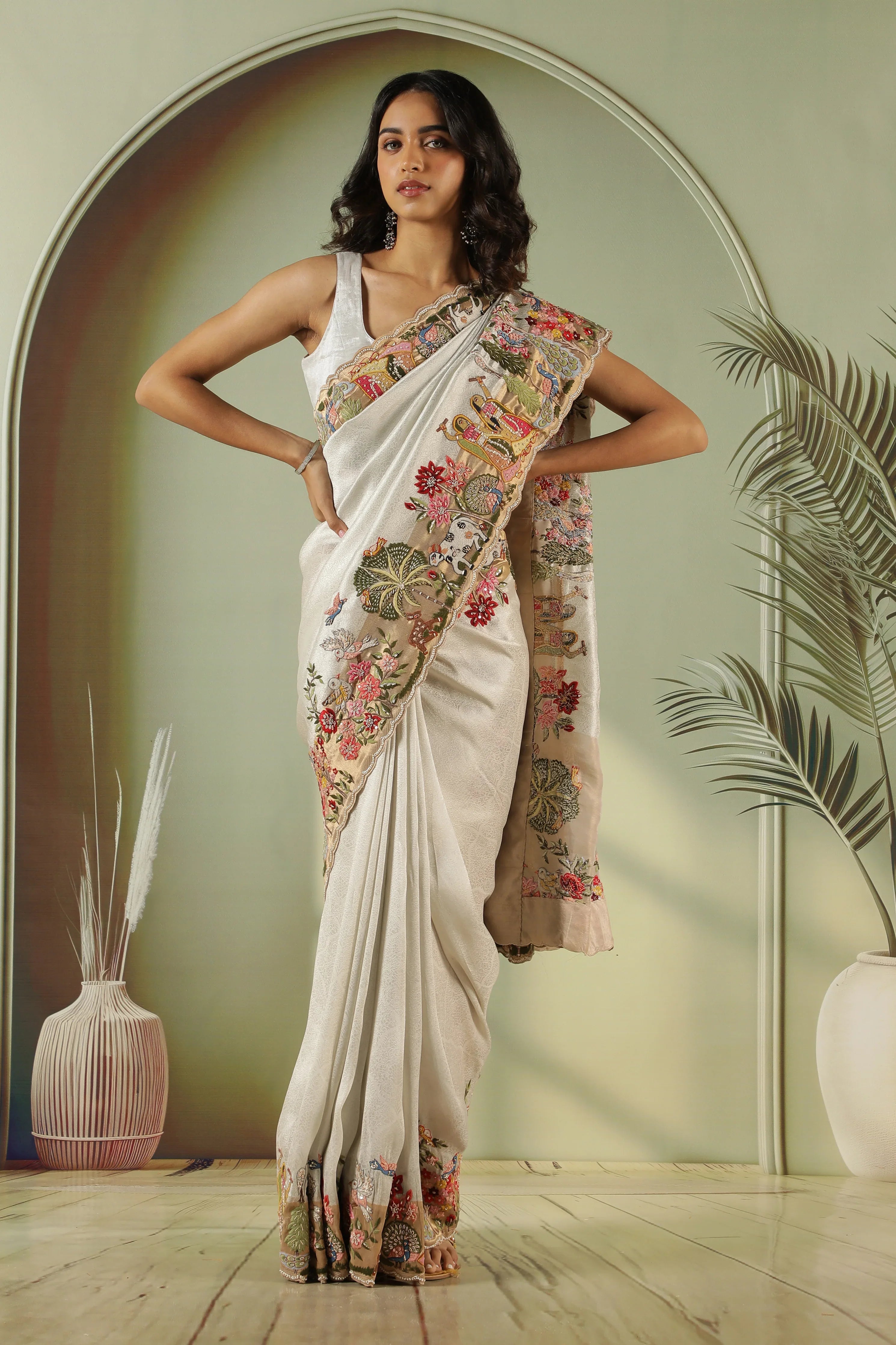 Silver Tissue Silk Saree with Multi-Color Embroidery Border & Gold Blouse - Mokshaa