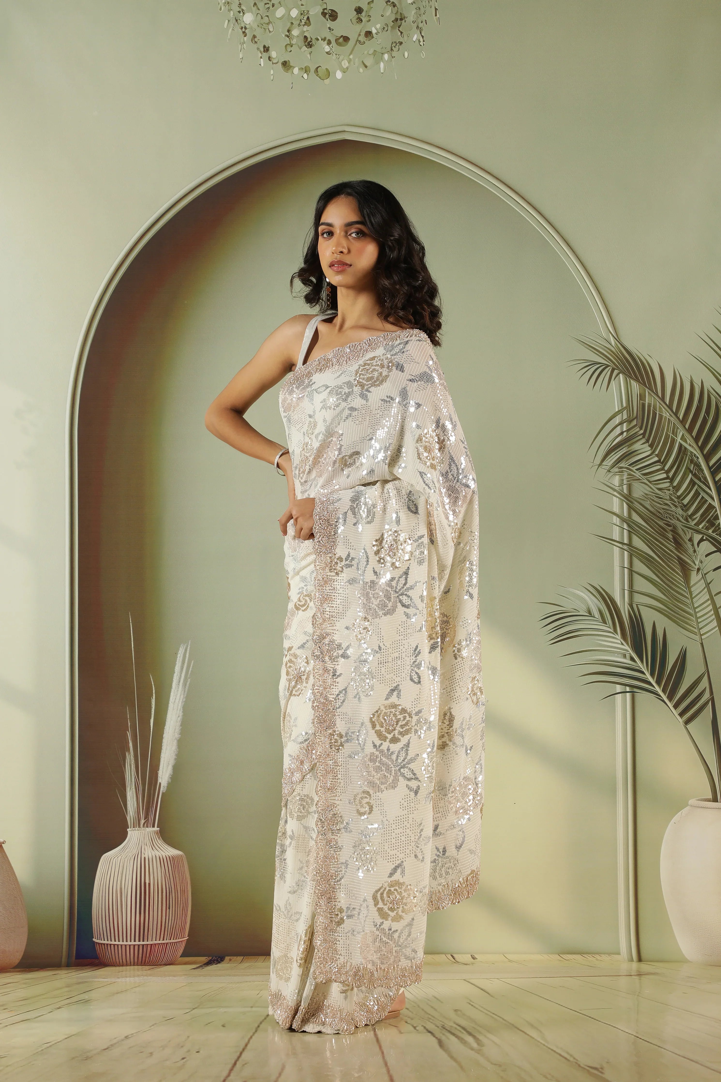 Off White Georgette Saree with Gold & Silver Sequin Jaal - Mokshaa