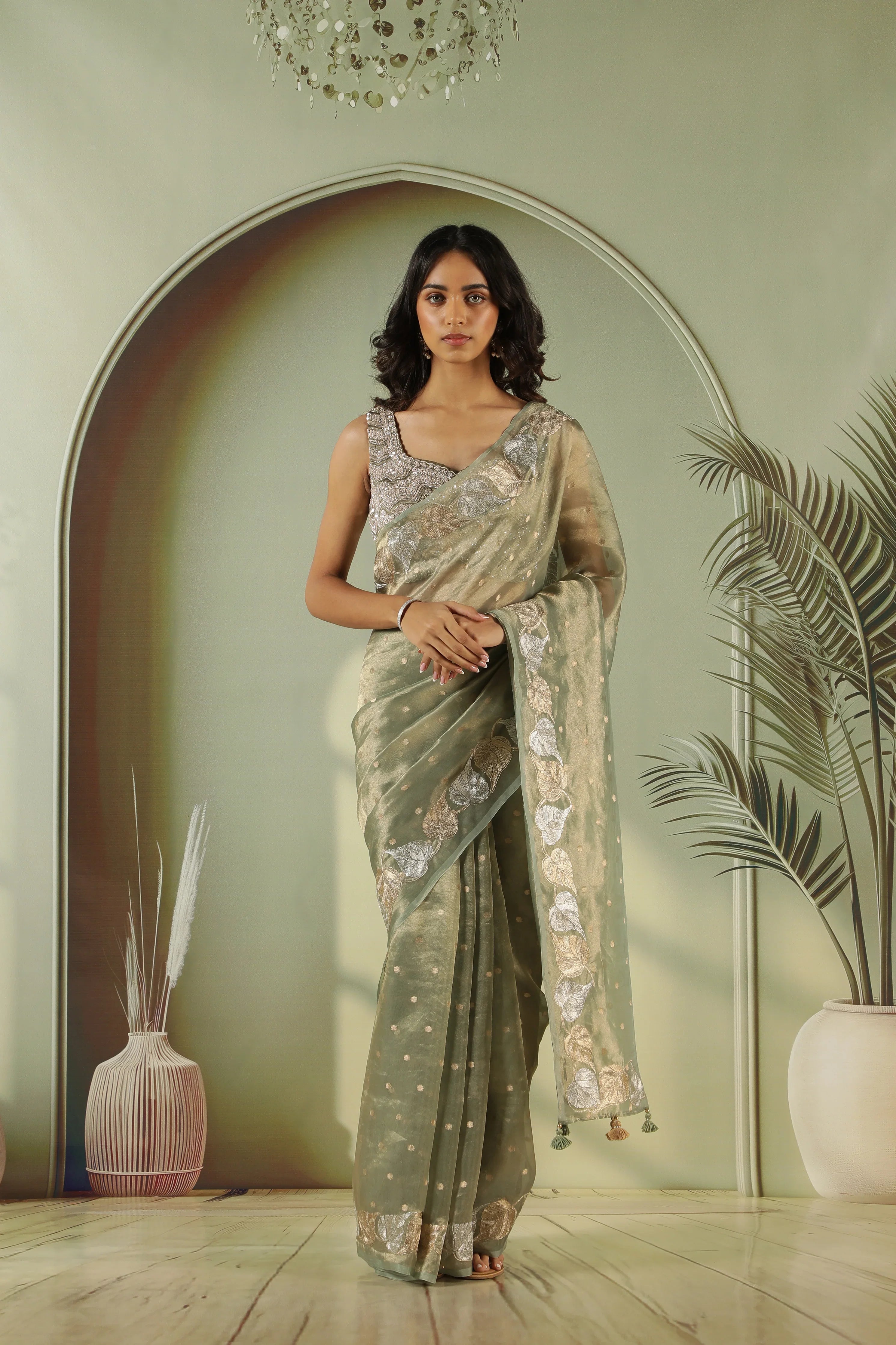Green Tissue Saree with Zari Butta & Leaf Zari Border - Mokshaa