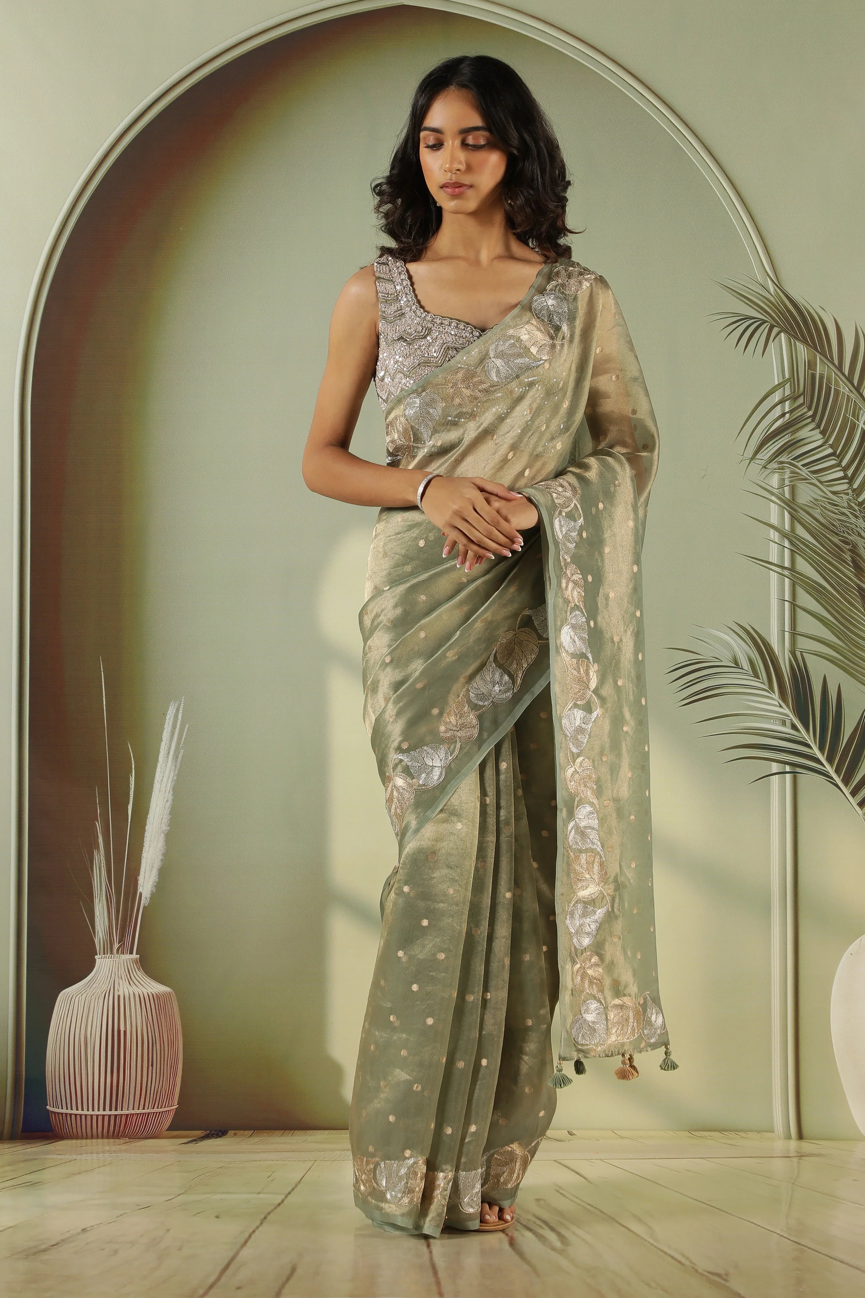 Green Tissue Saree with Zari Butta & Leaf Zari Border - Mokshaa