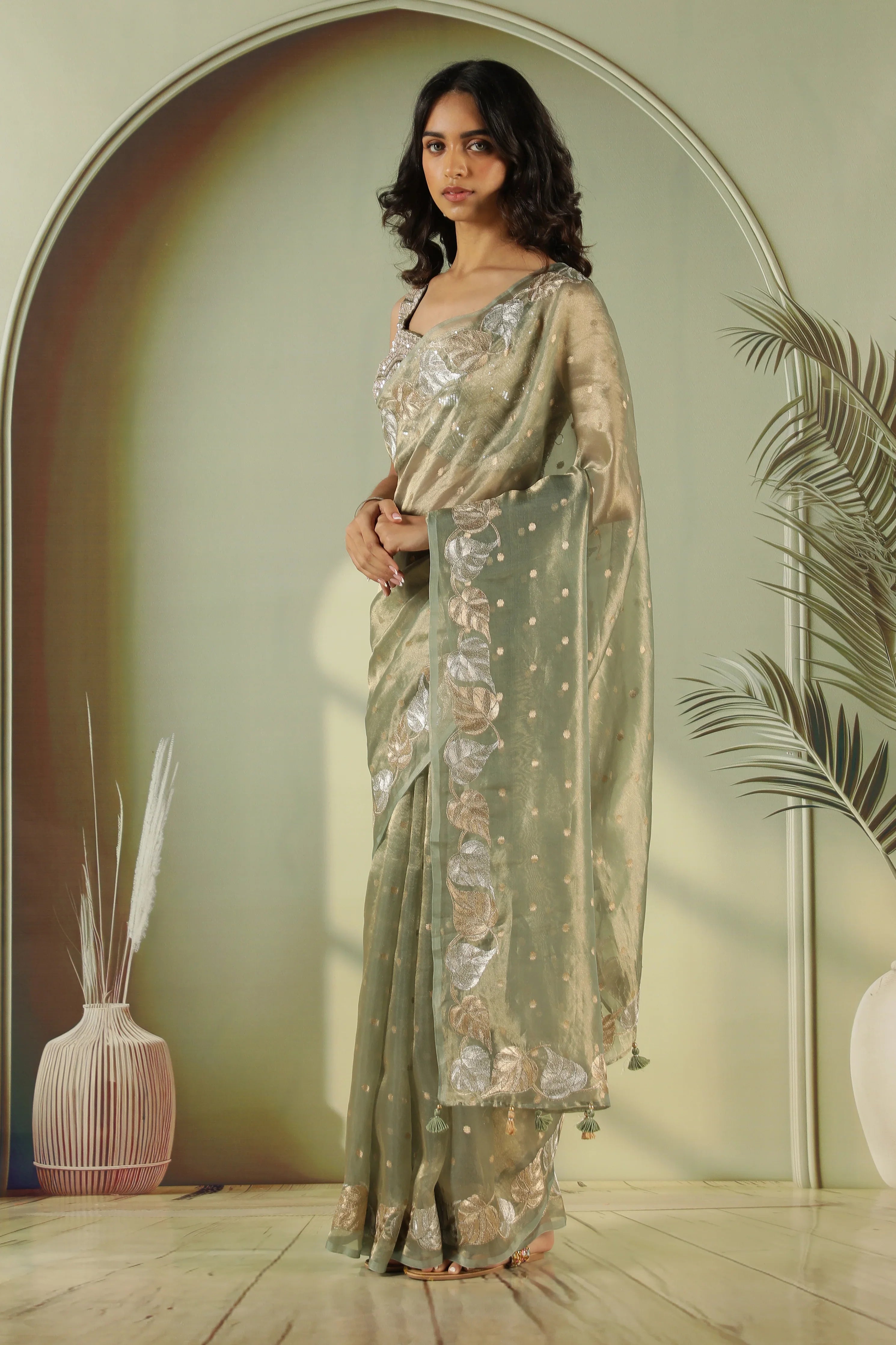 Green Tissue Saree with Zari Butta & Leaf Zari Border - Mokshaa