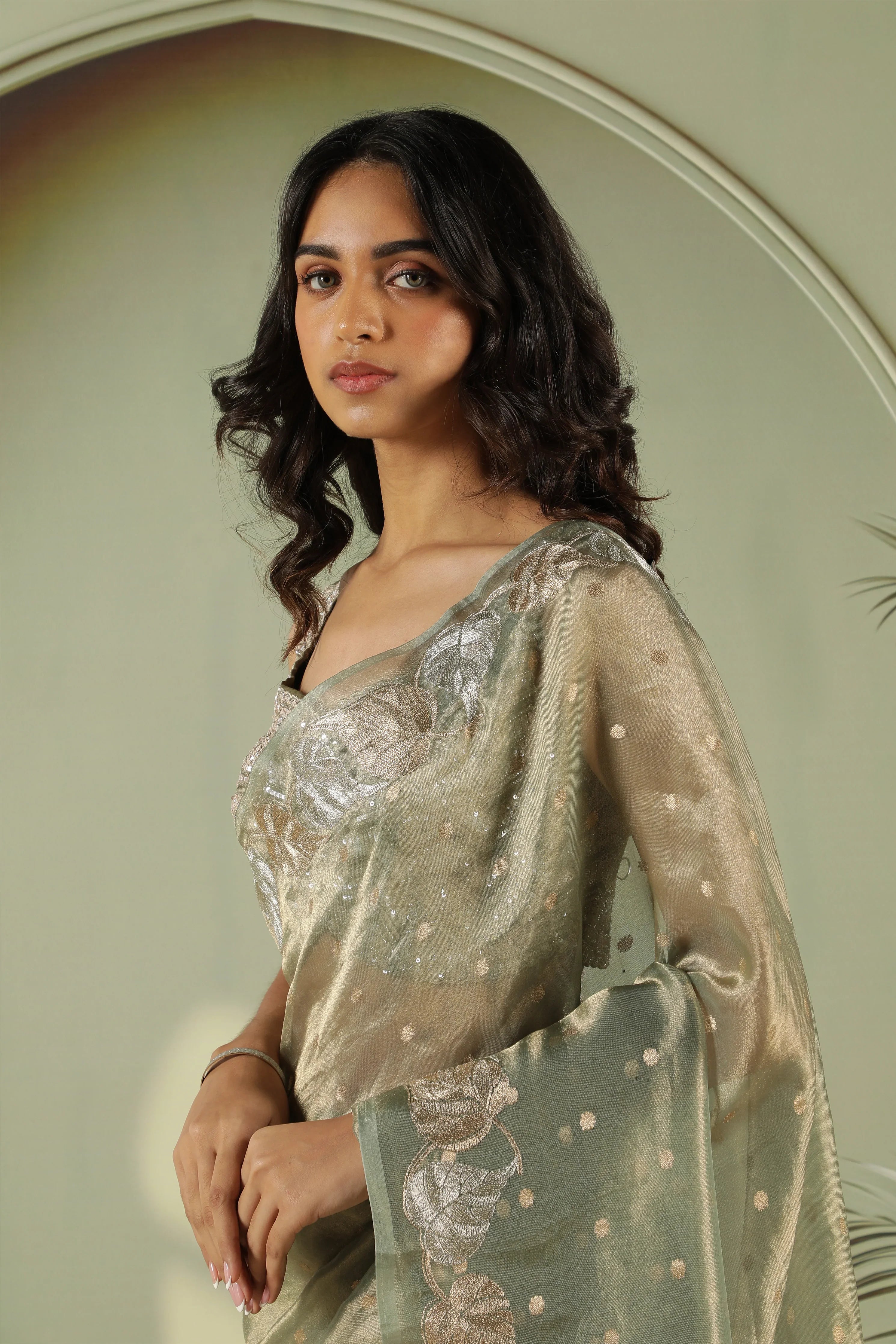 Green Tissue Saree with Zari Butta & Leaf Zari Border - Mokshaa