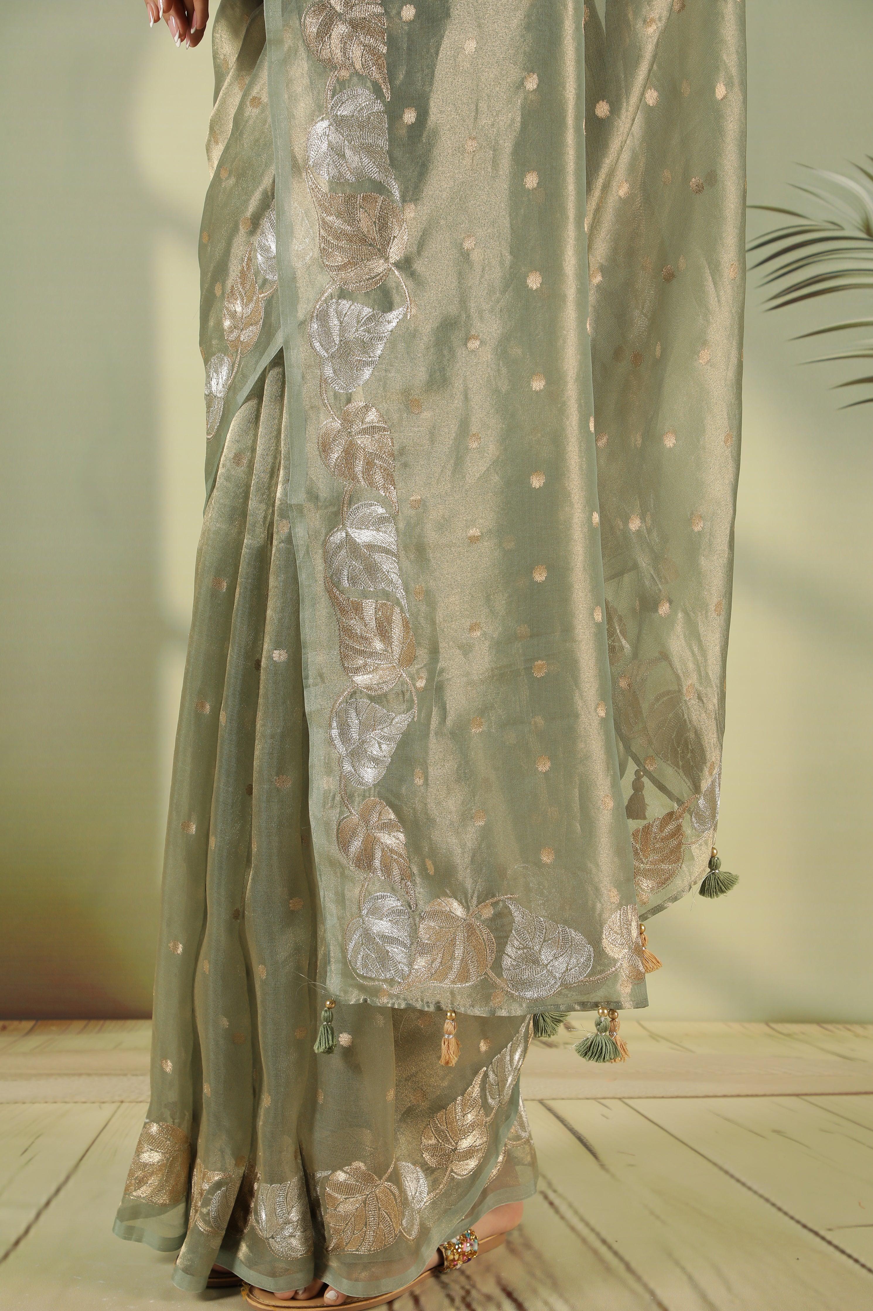 Green Tissue Saree with Zari Butta & Leaf Zari Border - Mokshaa