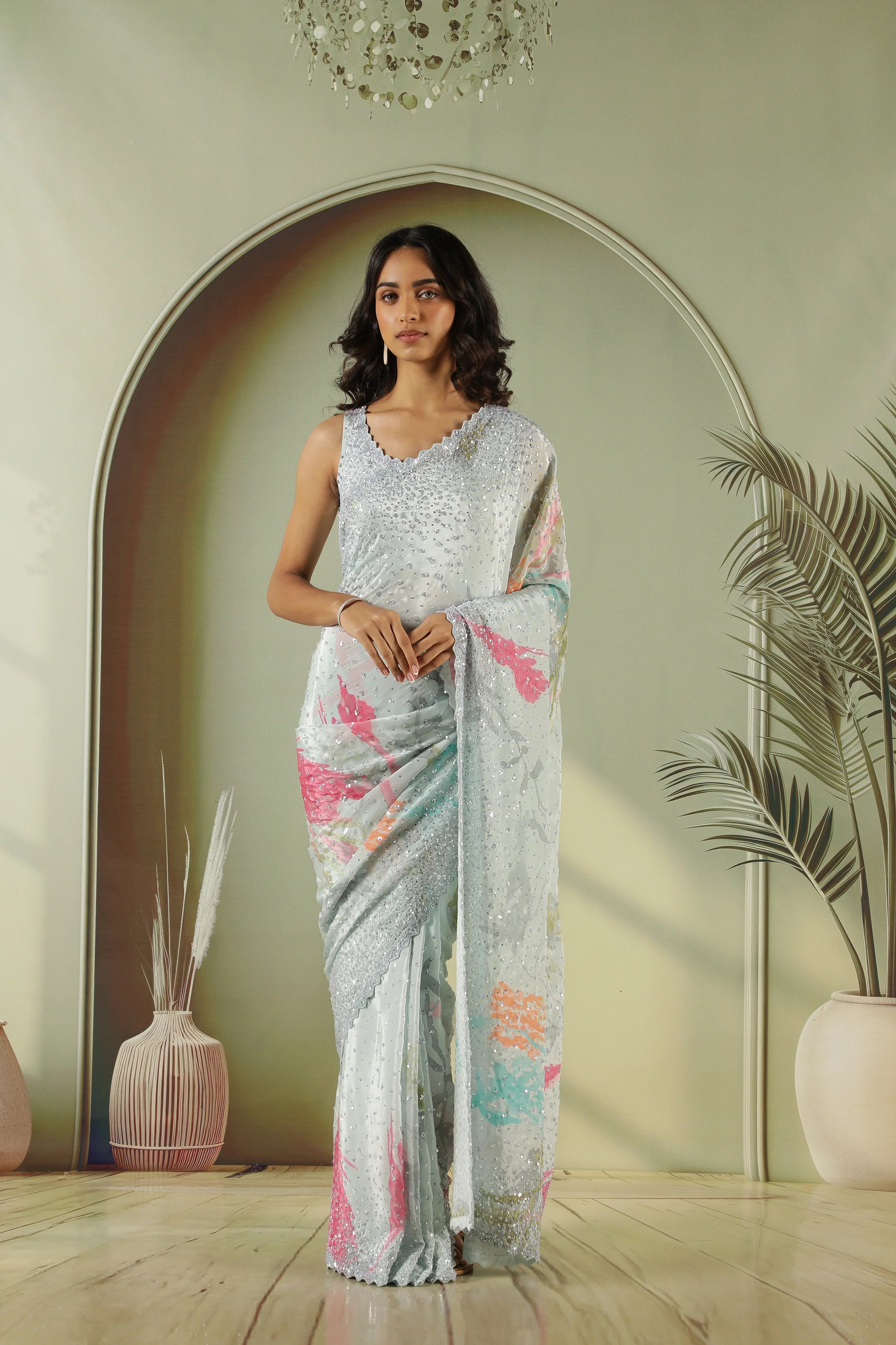 Sea Blue Satin Saree with Sequin Embellishment - Mokshaa