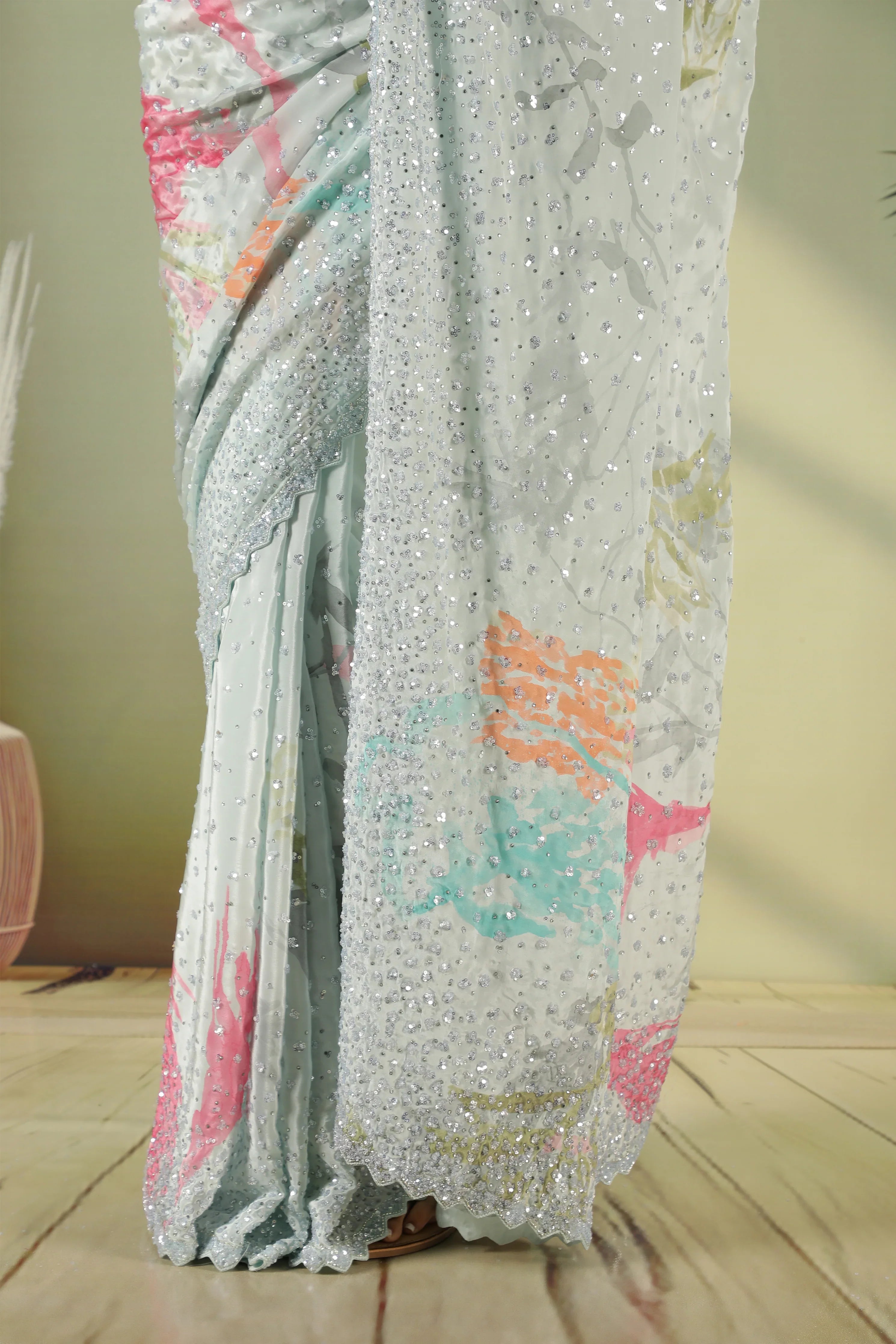 Sea Blue Satin Saree with Sequin Embellishment - Mokshaa