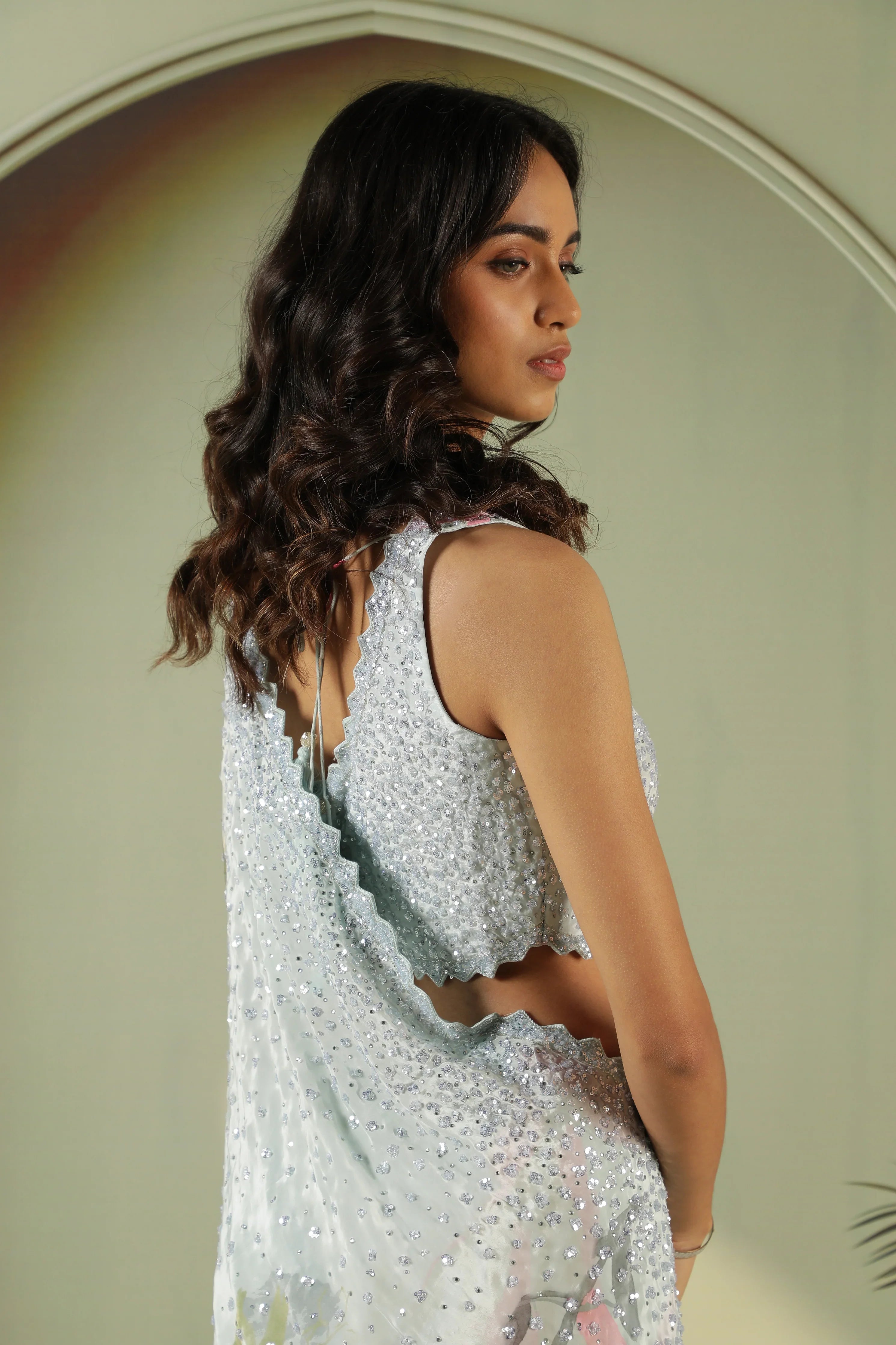 Sea Blue Satin Saree with Sequin Embellishment - Mokshaa