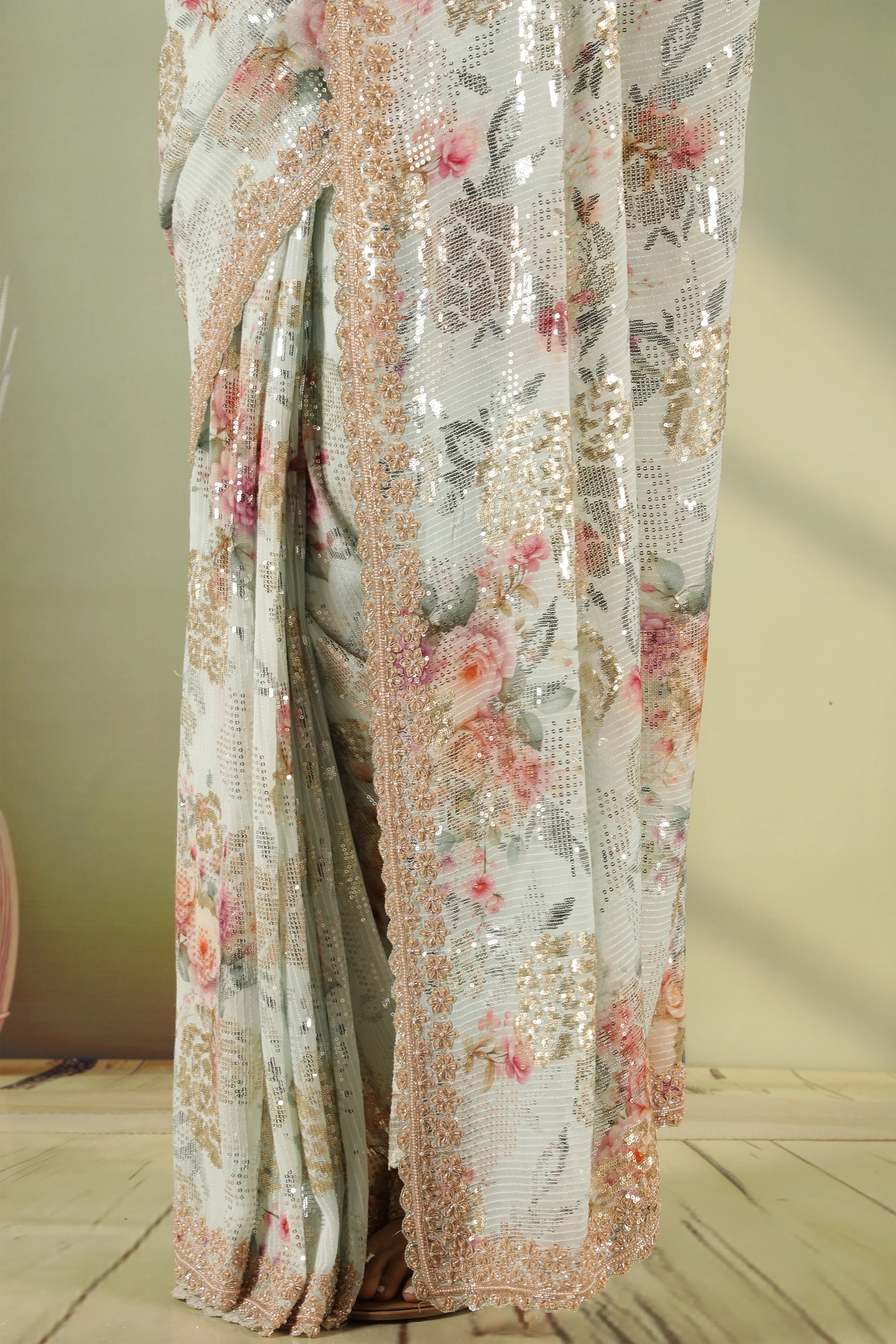 Sea Blue Georgette Saree with Gold & Silver Sequins - Mokshaa