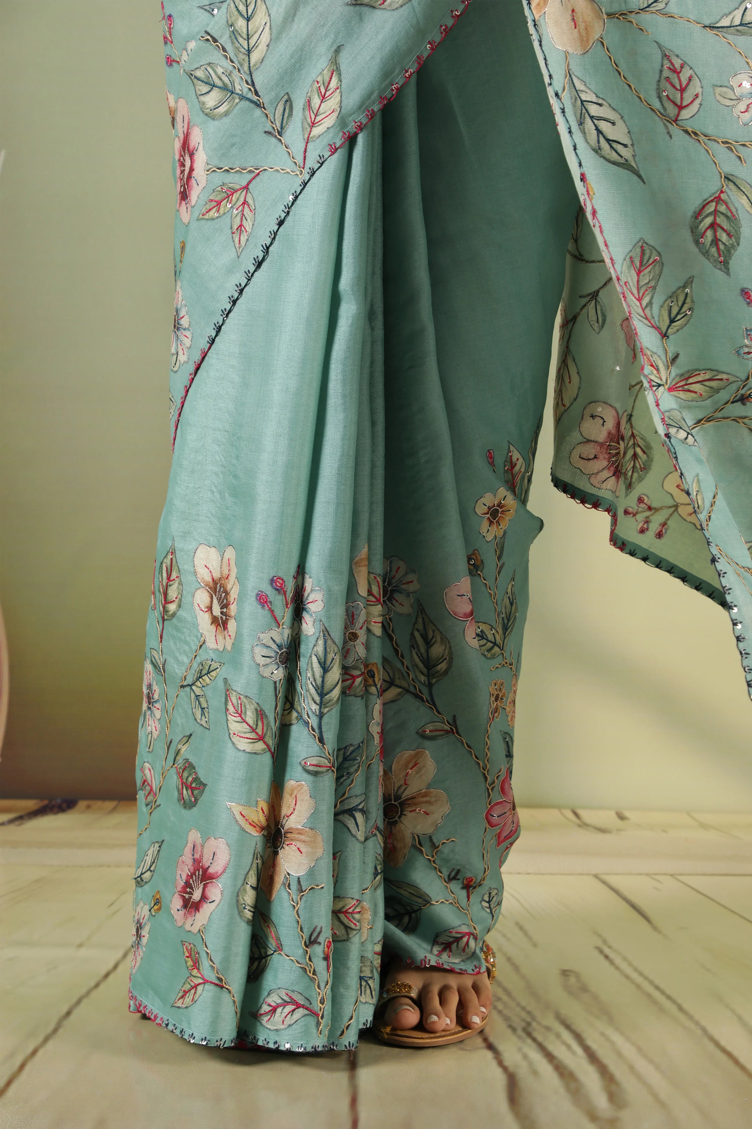 Sky Blue Tussar Silk Saree with Embroidery & Zari Work - Mokshaa