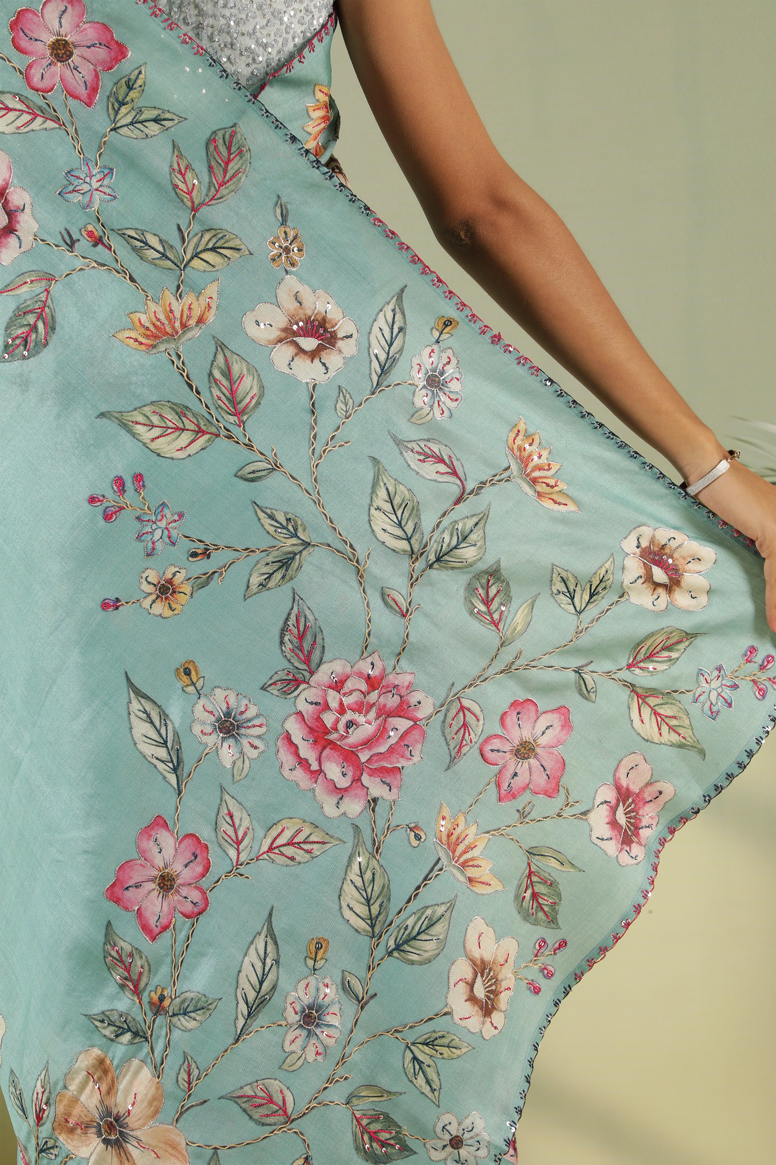 Sky Blue Tussar Silk Saree with Embroidery & Zari Work - Mokshaa
