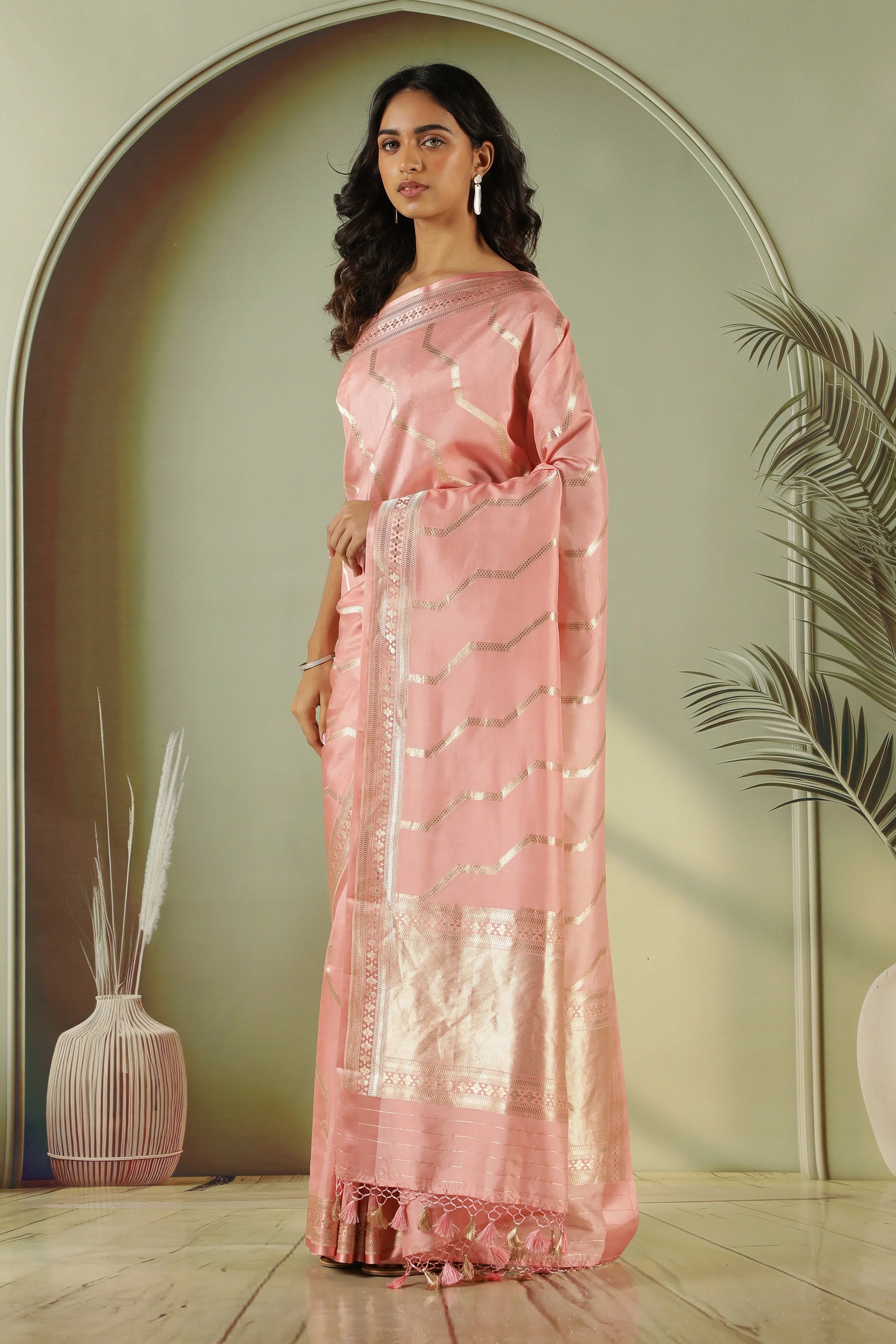 Peach Banarasi Silk Saree with Zari Stripes & Border - Mokshaa