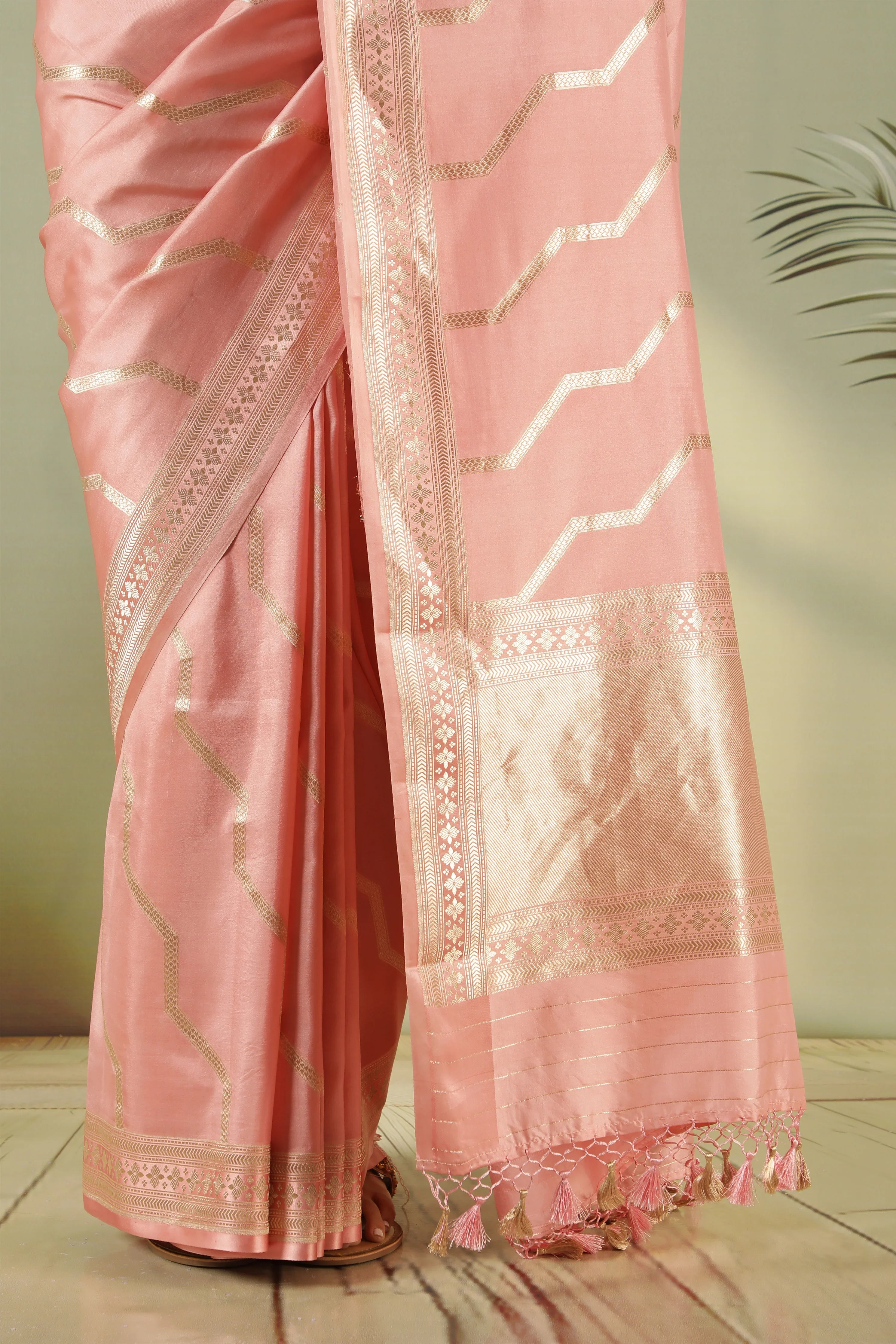 Peach Banarasi Silk Saree with Zari Stripes & Border - Mokshaa