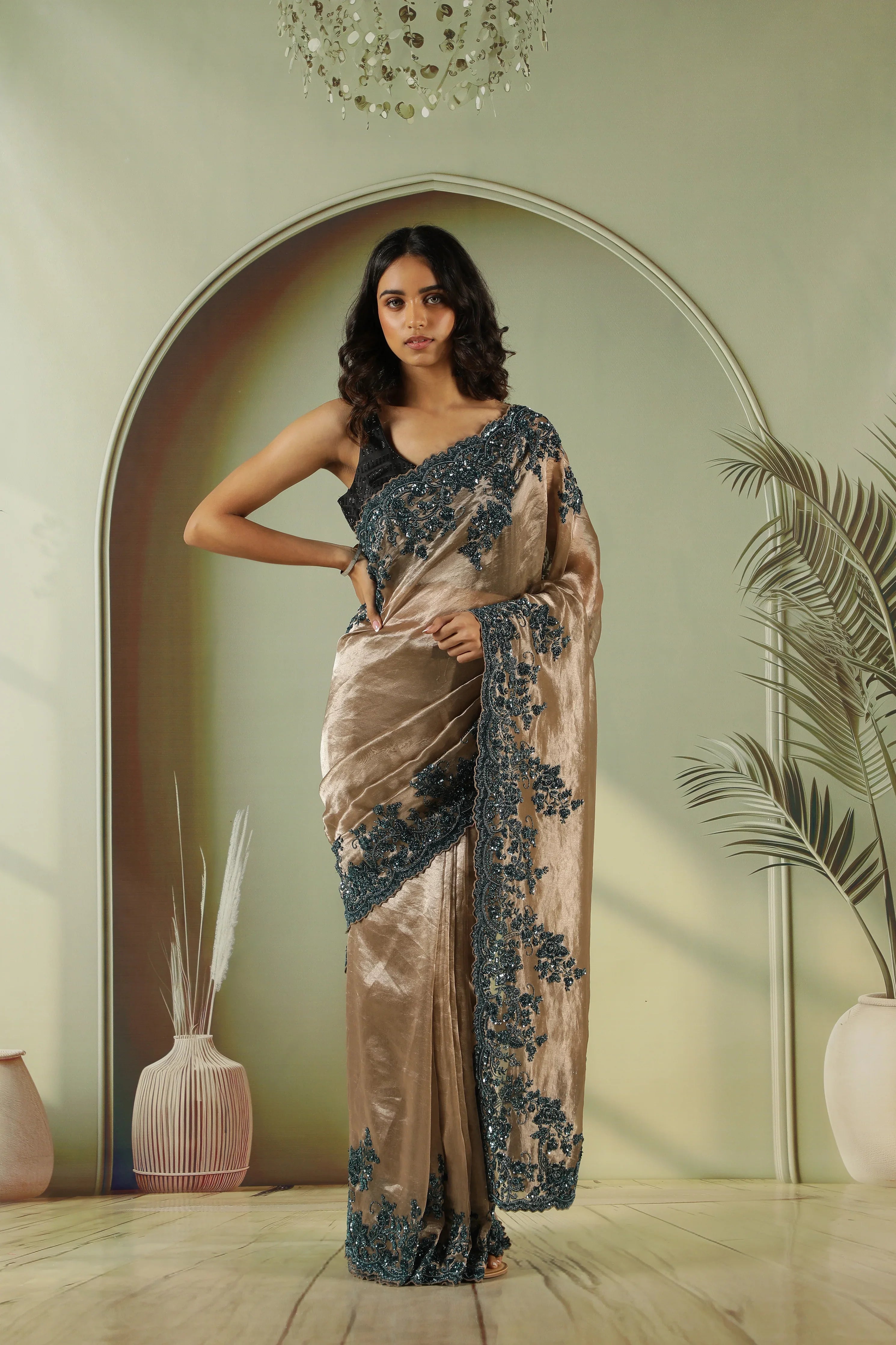 Antique Gold Tissue Saree with Peacock Bead & Sequin Border - Mokshaa