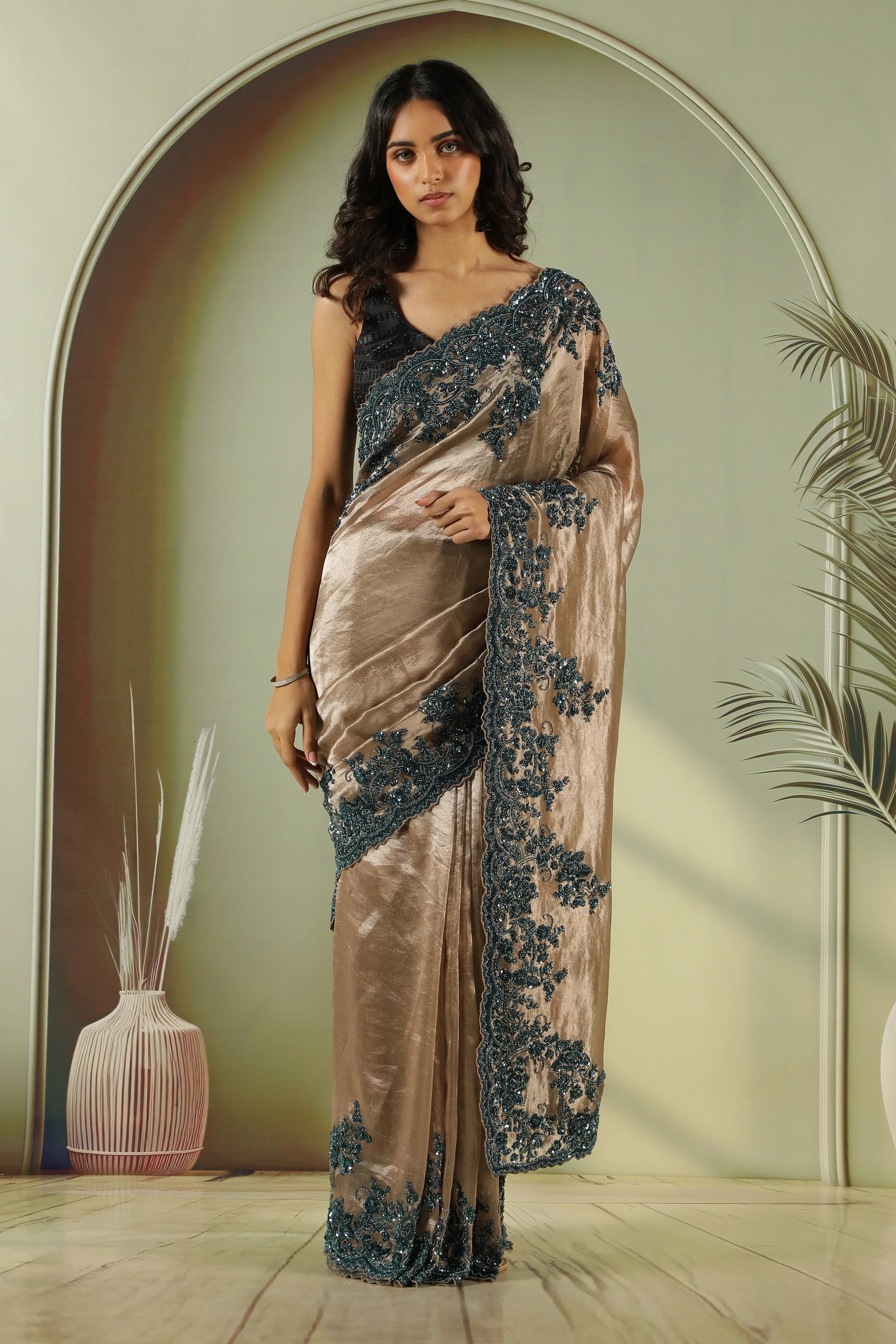 Antique Gold Tissue Saree with Peacock Bead & Sequin Border - Mokshaa