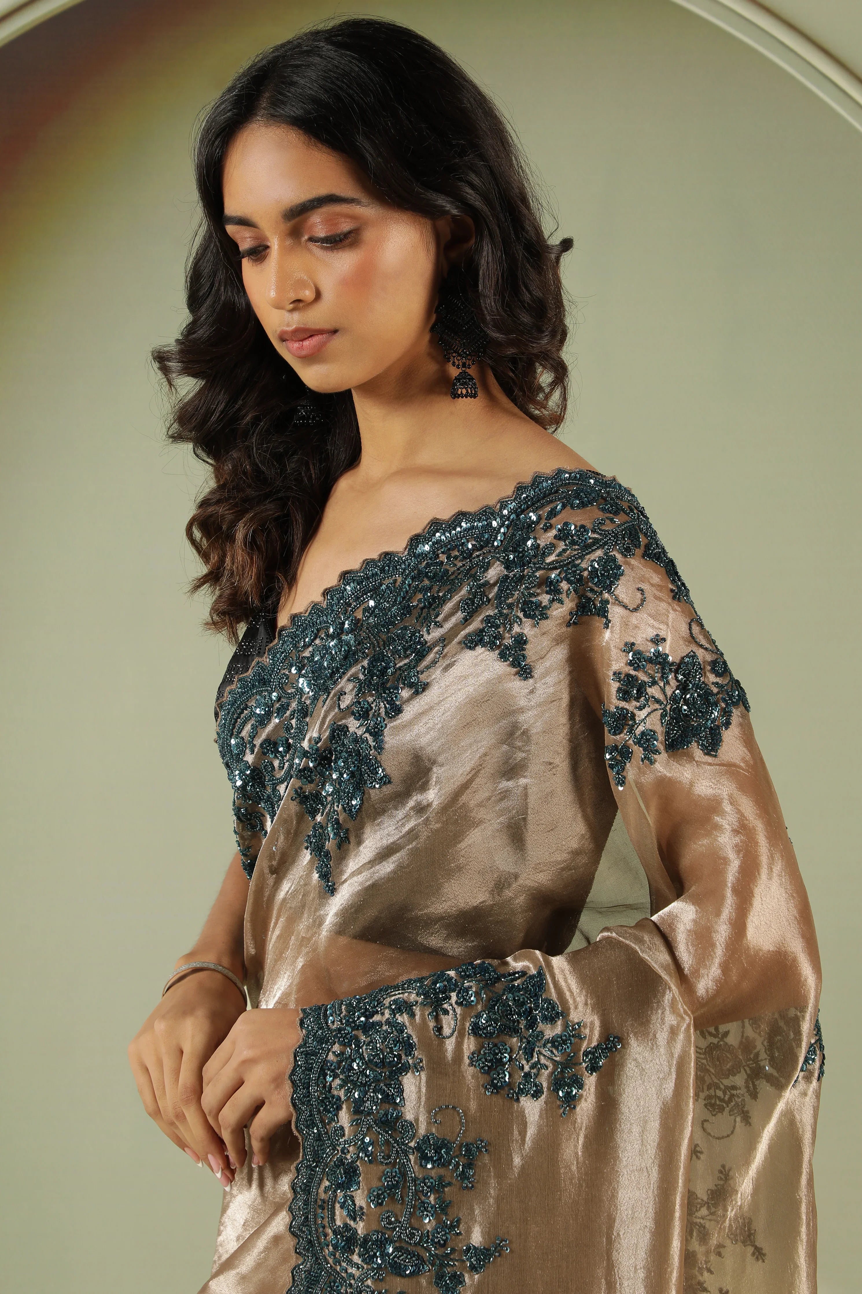 Antique Gold Tissue Saree with Peacock Bead & Sequin Border - Mokshaa