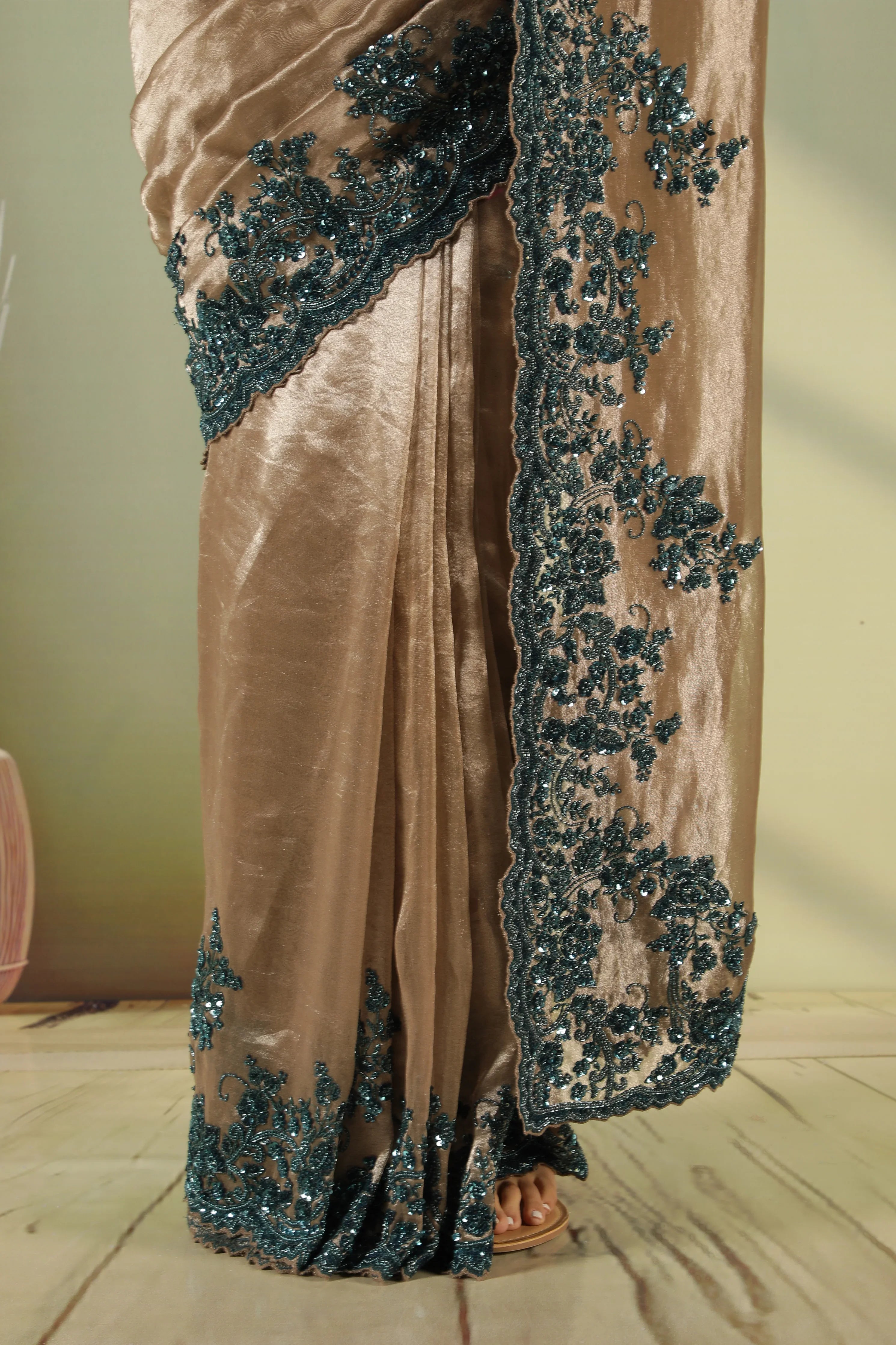 Antique Gold Tissue Saree with Peacock Bead & Sequin Border - Mokshaa