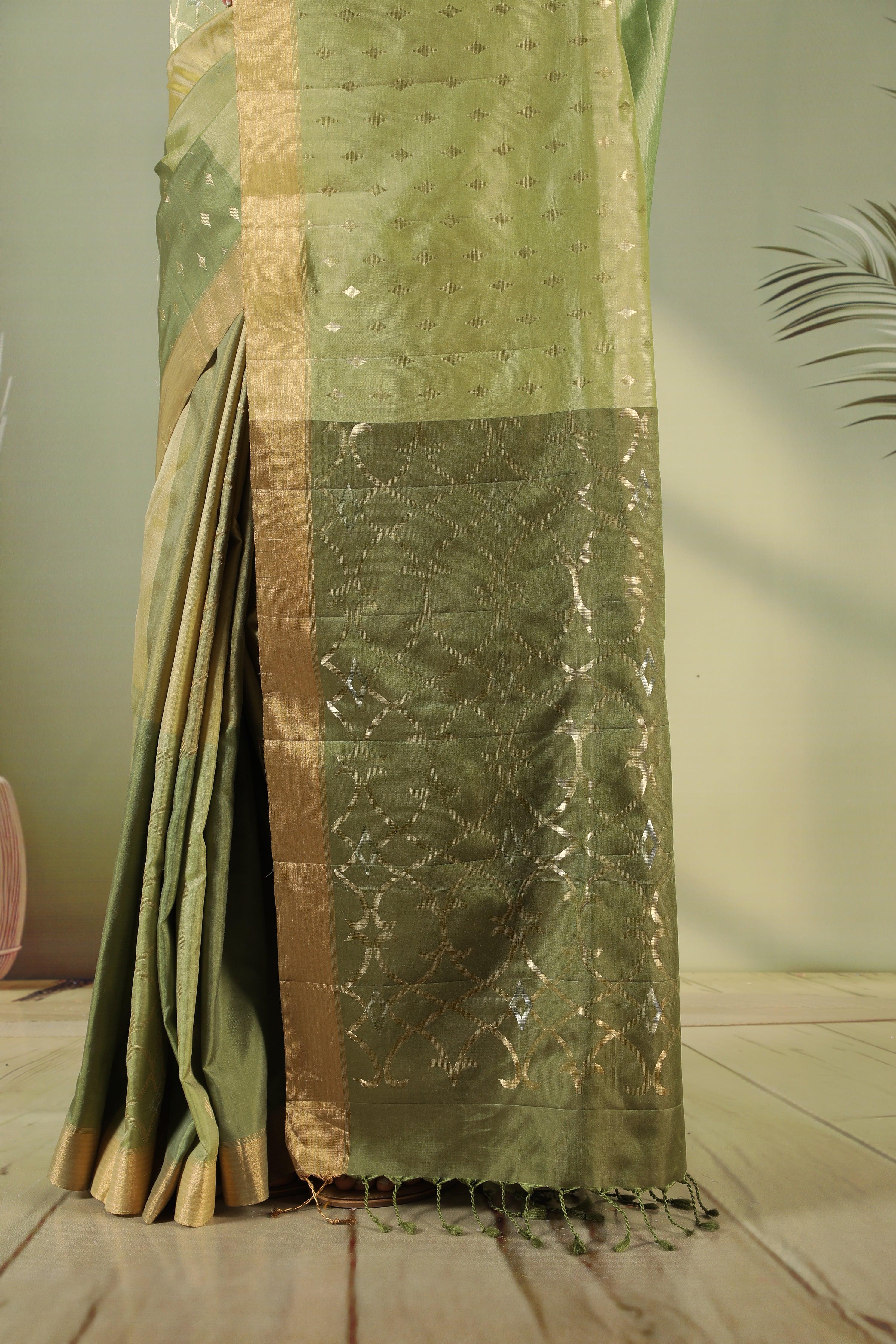 Dual-Tone Green Soft Silk Saree with All Over Butti & Jaal - Mokshaa