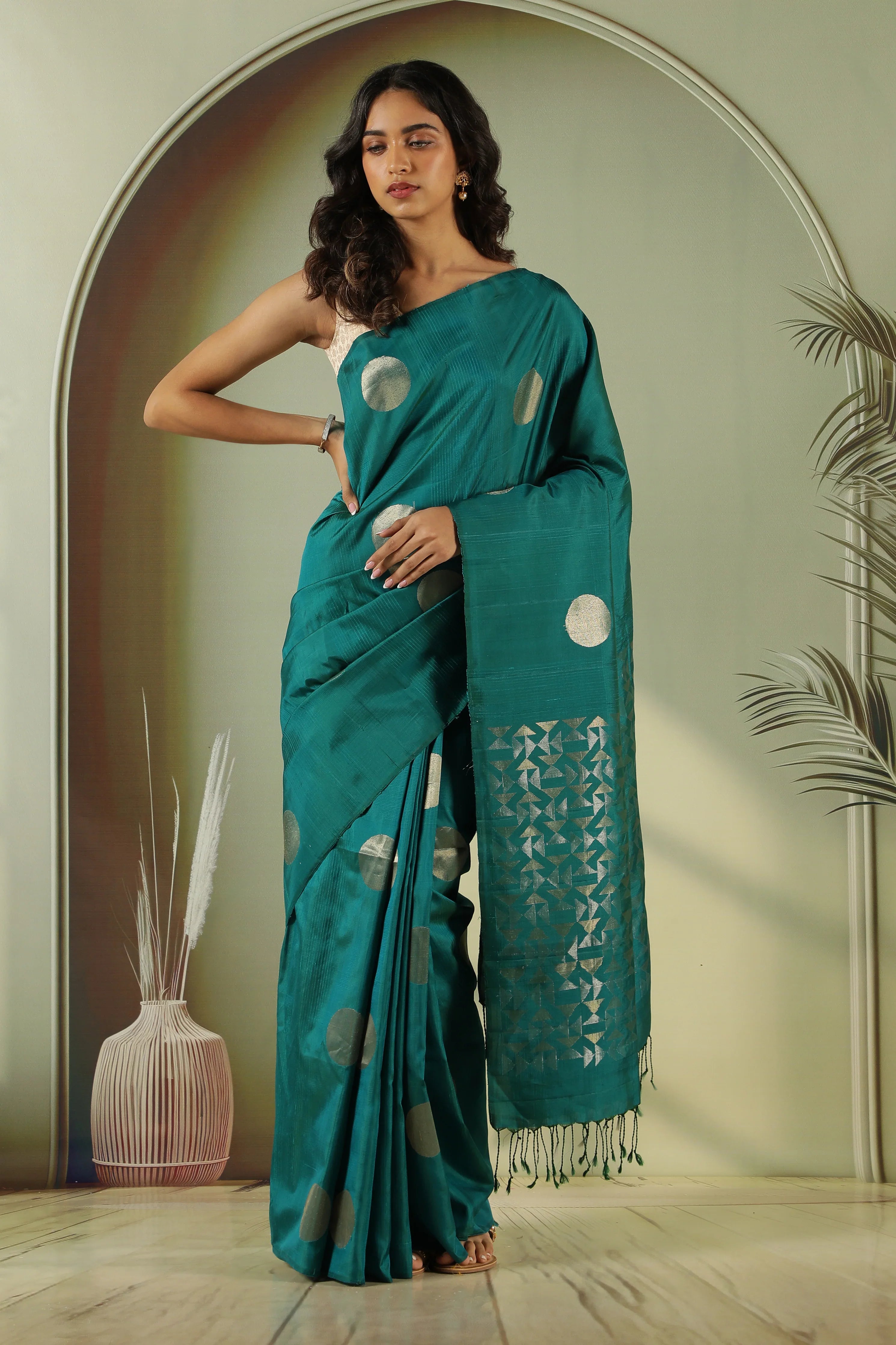 Peacock Green Soft Silk Saree with Coin Butta & Zari Pallu - Mokshaa