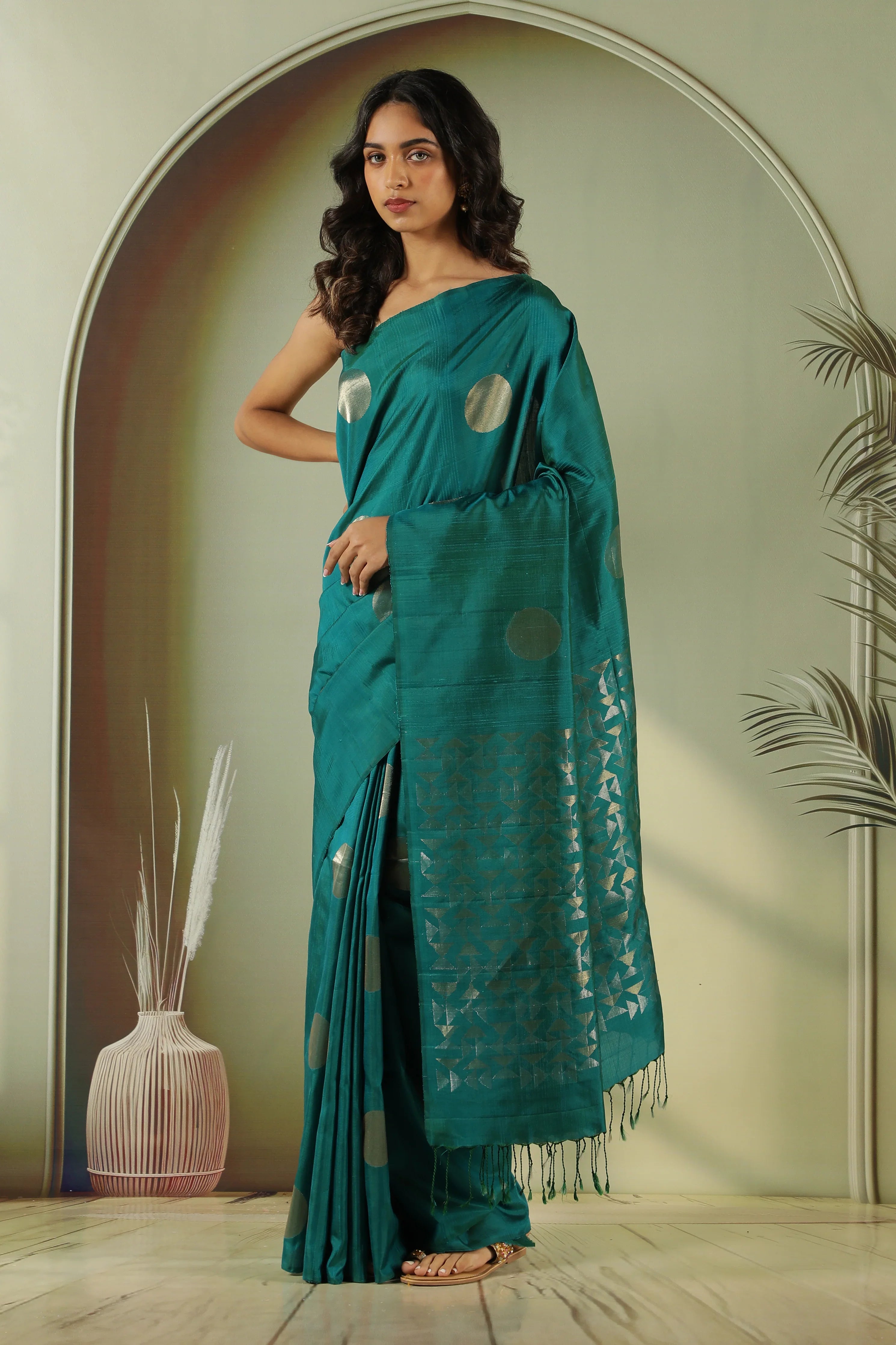 Peacock Green Soft Silk Saree with Coin Butta & Zari Pallu - Mokshaa