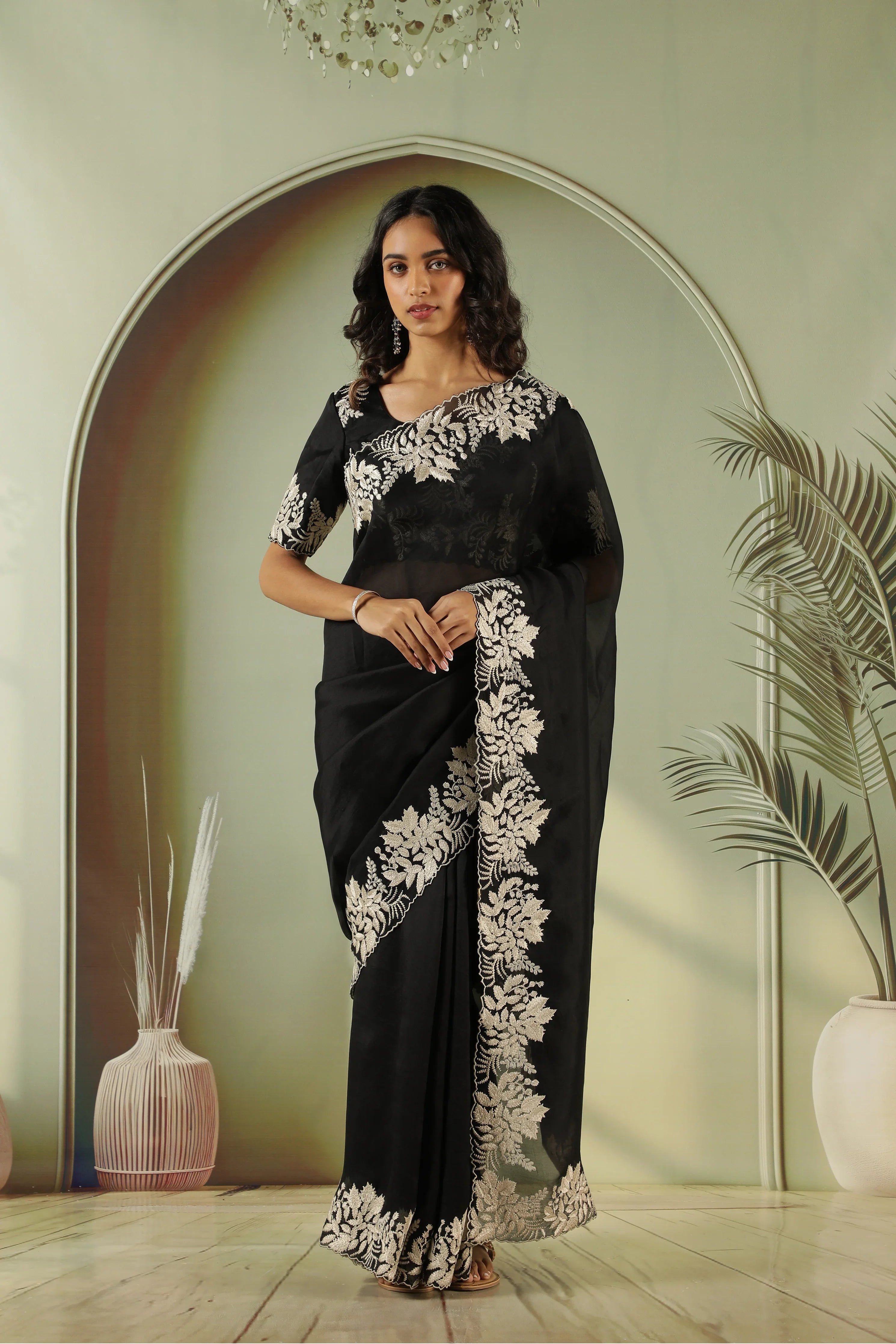 Black Organza Saree with Embroidery Border - Mokshaa