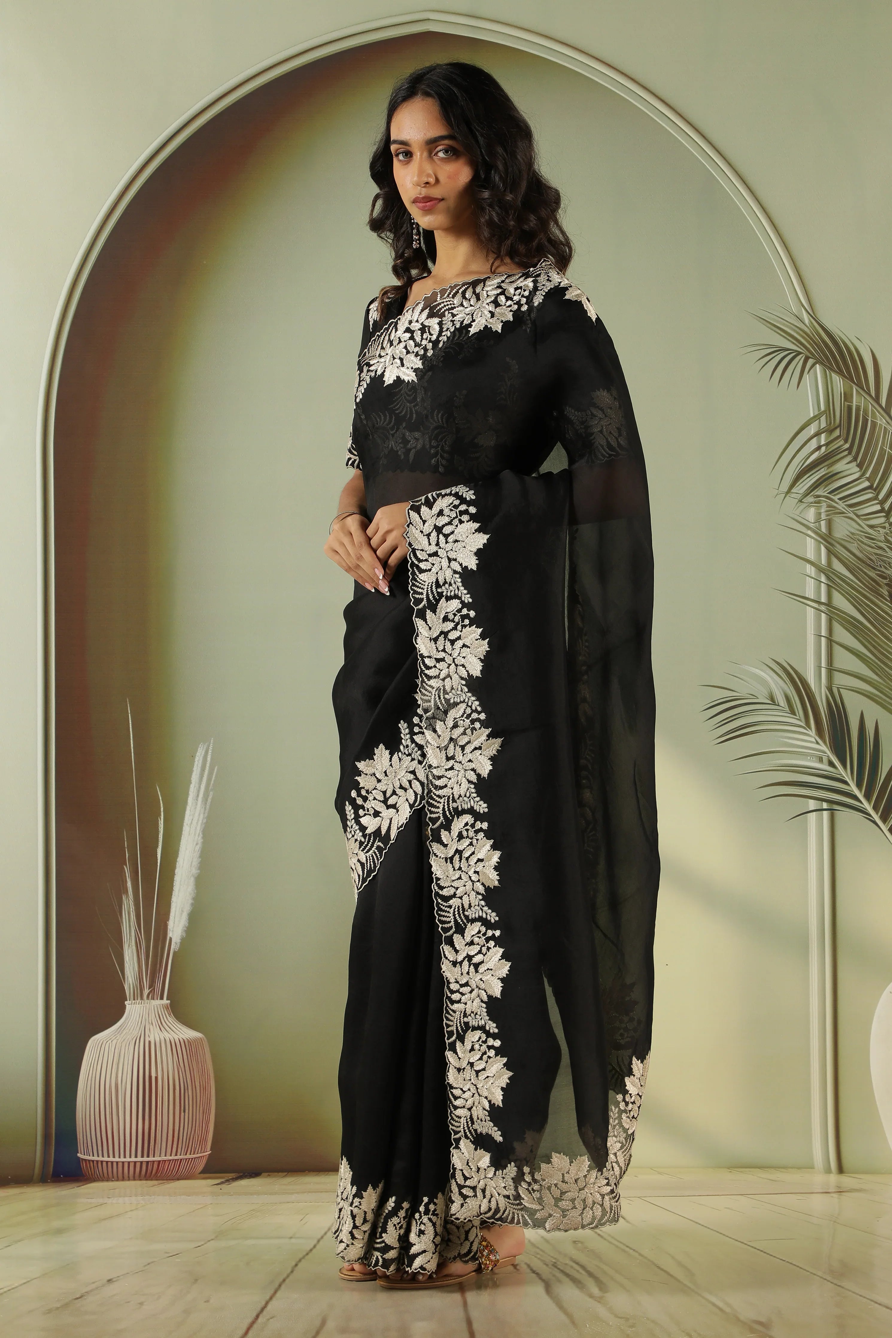 Black Organza Saree with Embroidery Border - Mokshaa