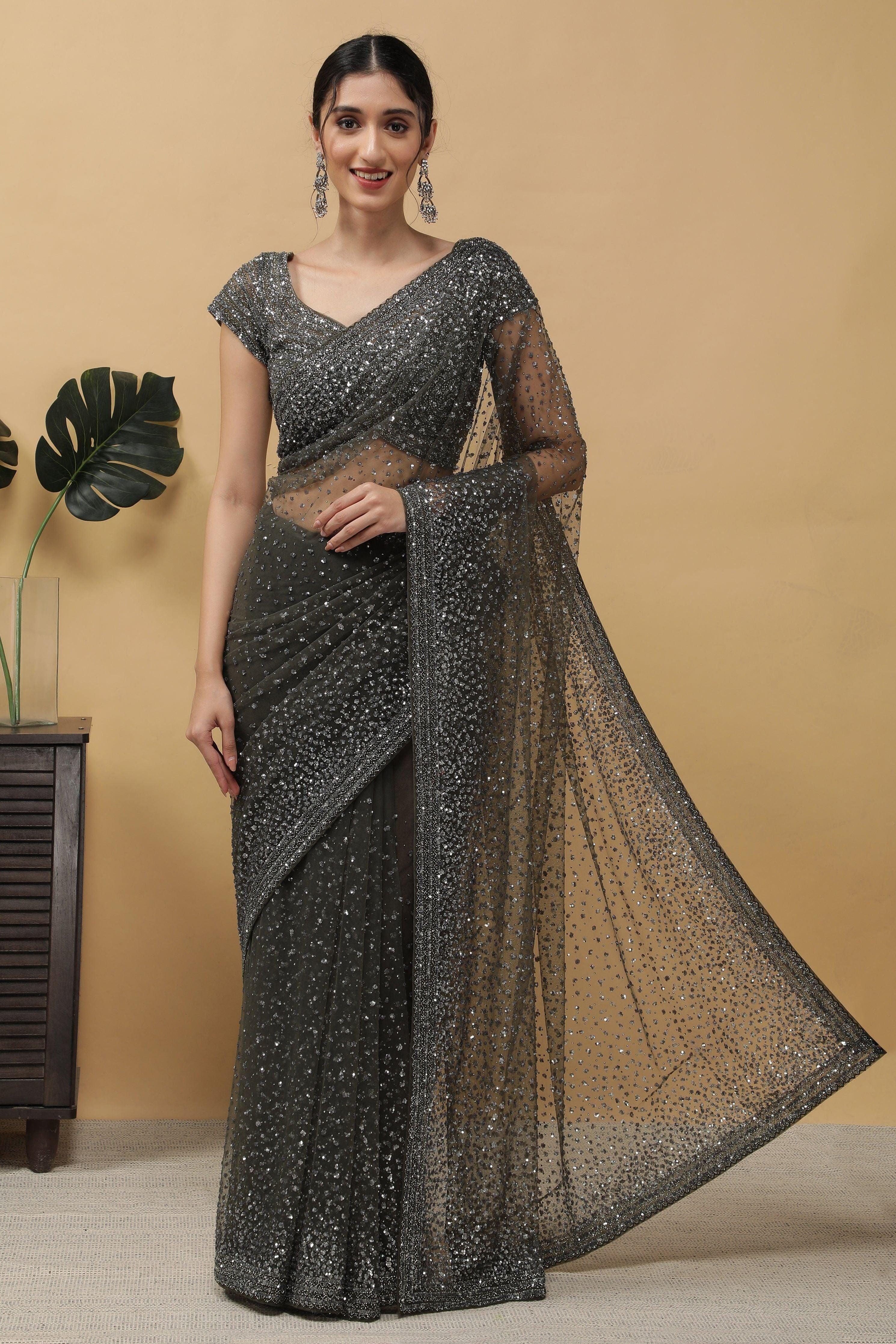 Dusty Green Net Saree With sequins - Mokshaa