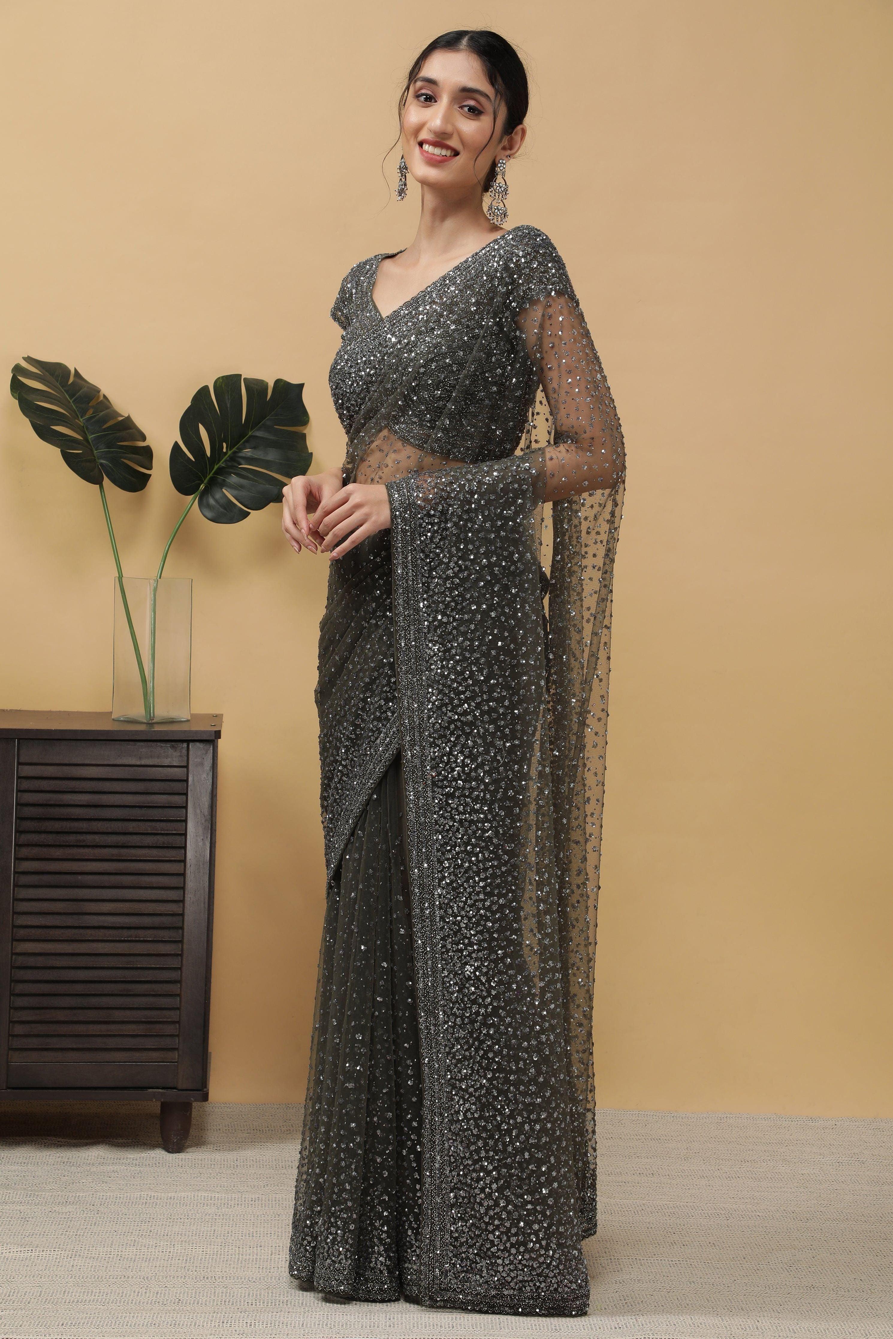 Dusty Green Net Saree With sequins - Mokshaa
