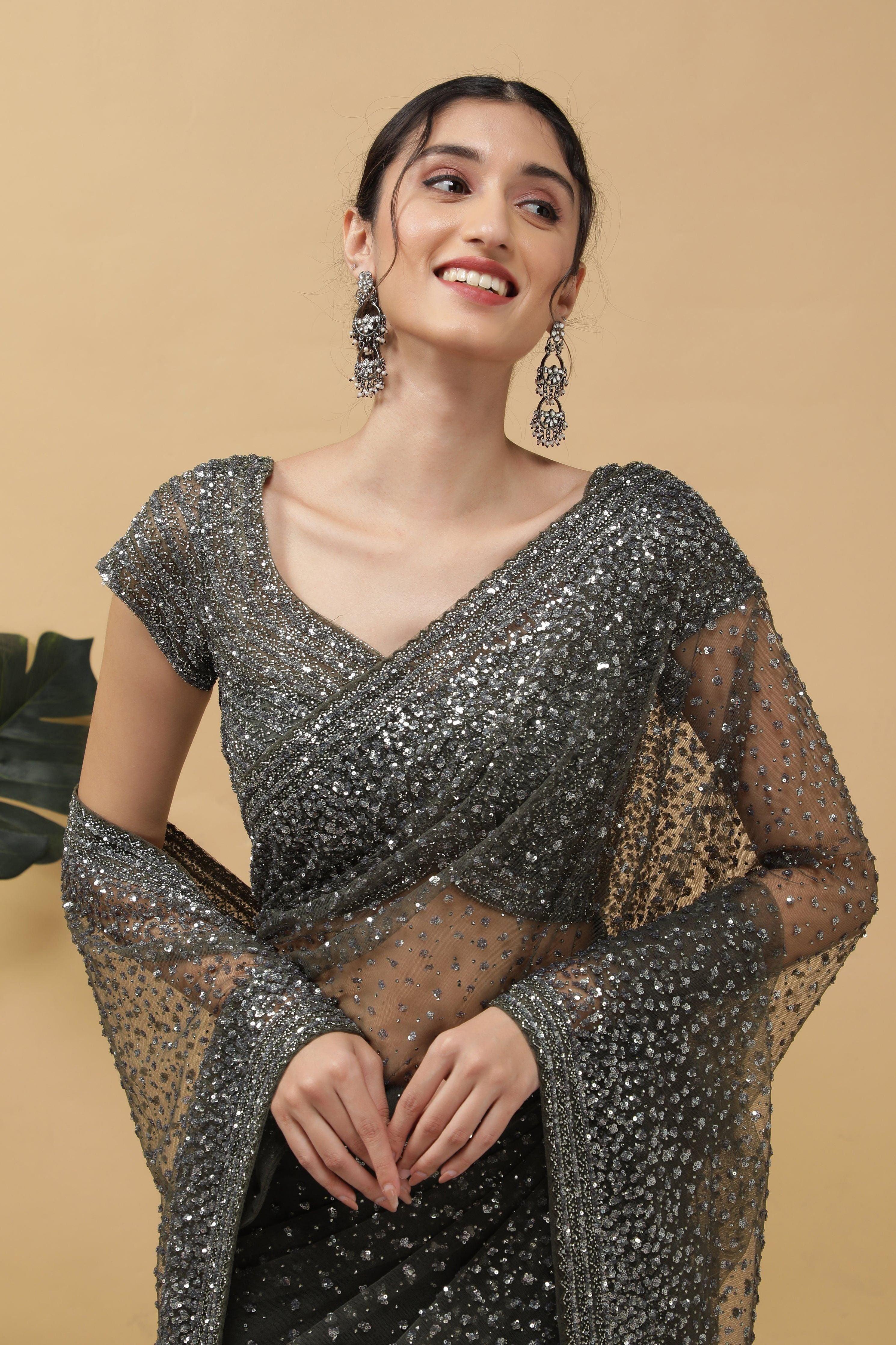 Dusty Green Net Saree With sequins - Mokshaa
