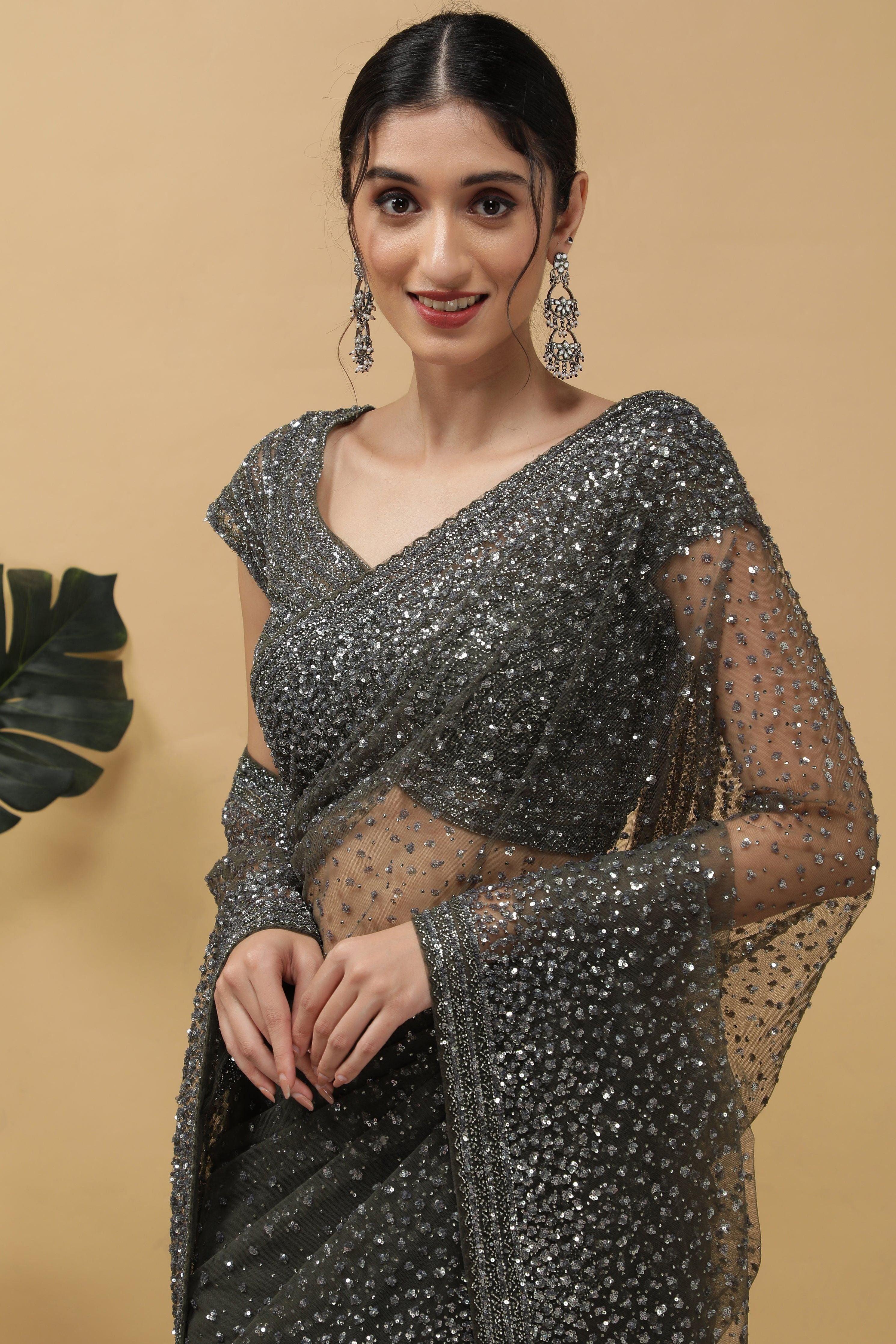 Dusty Green Net Saree With sequins - Mokshaa