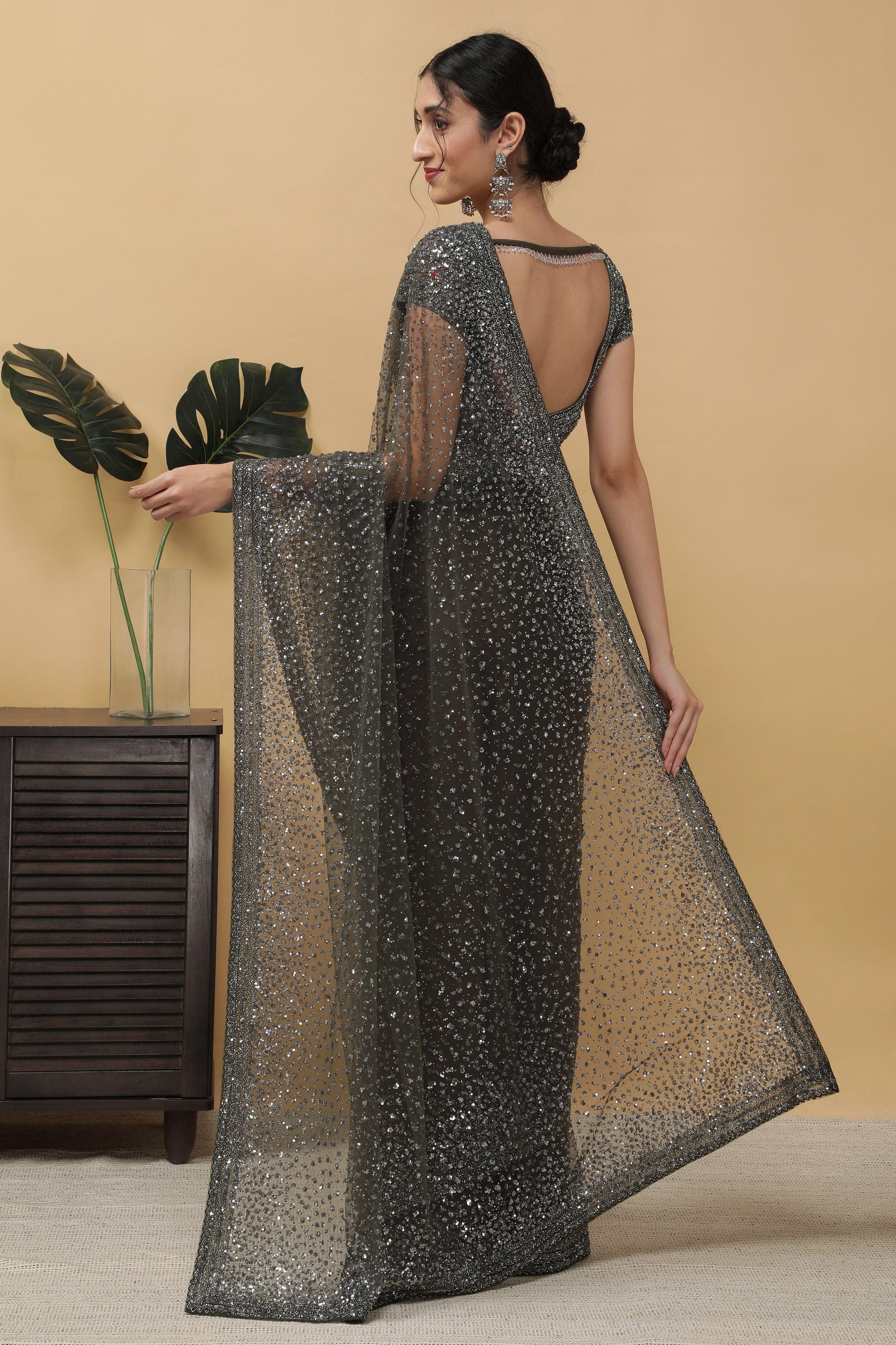 Dusty Green Net Saree With sequins - Mokshaa