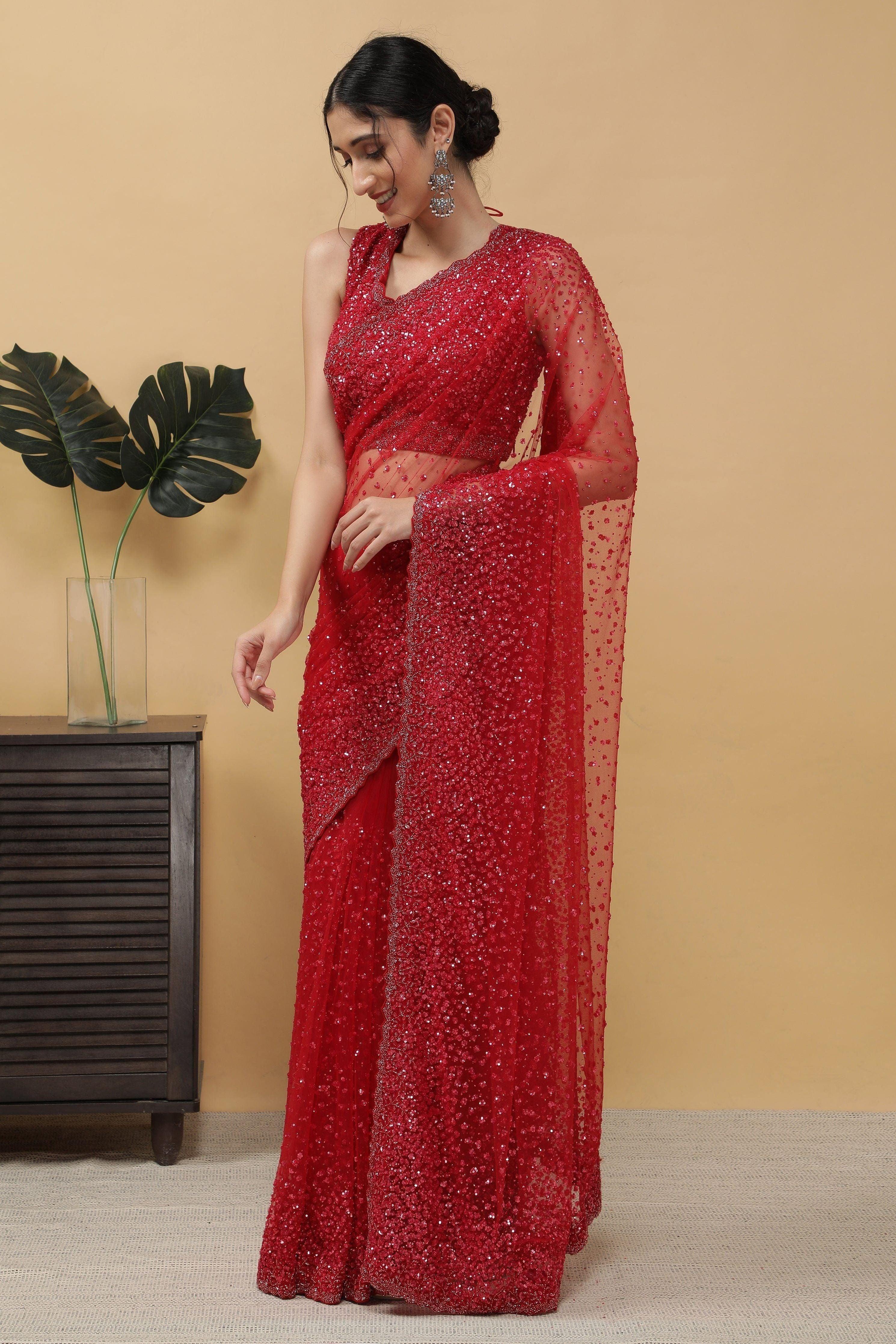 Red Net Saree With Sequins Work - Mokshaa