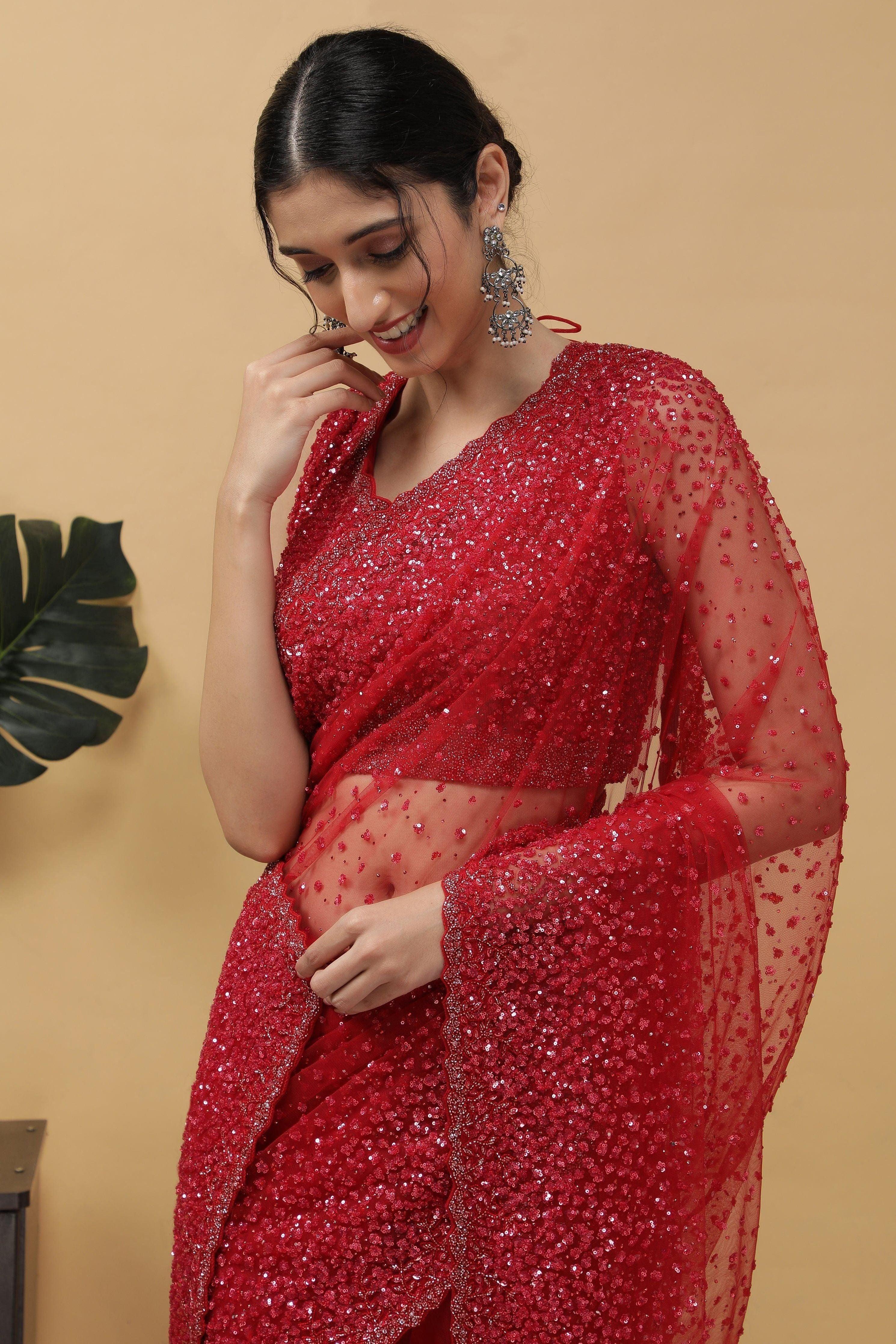 Red Net Saree With Sequins Work - Mokshaa