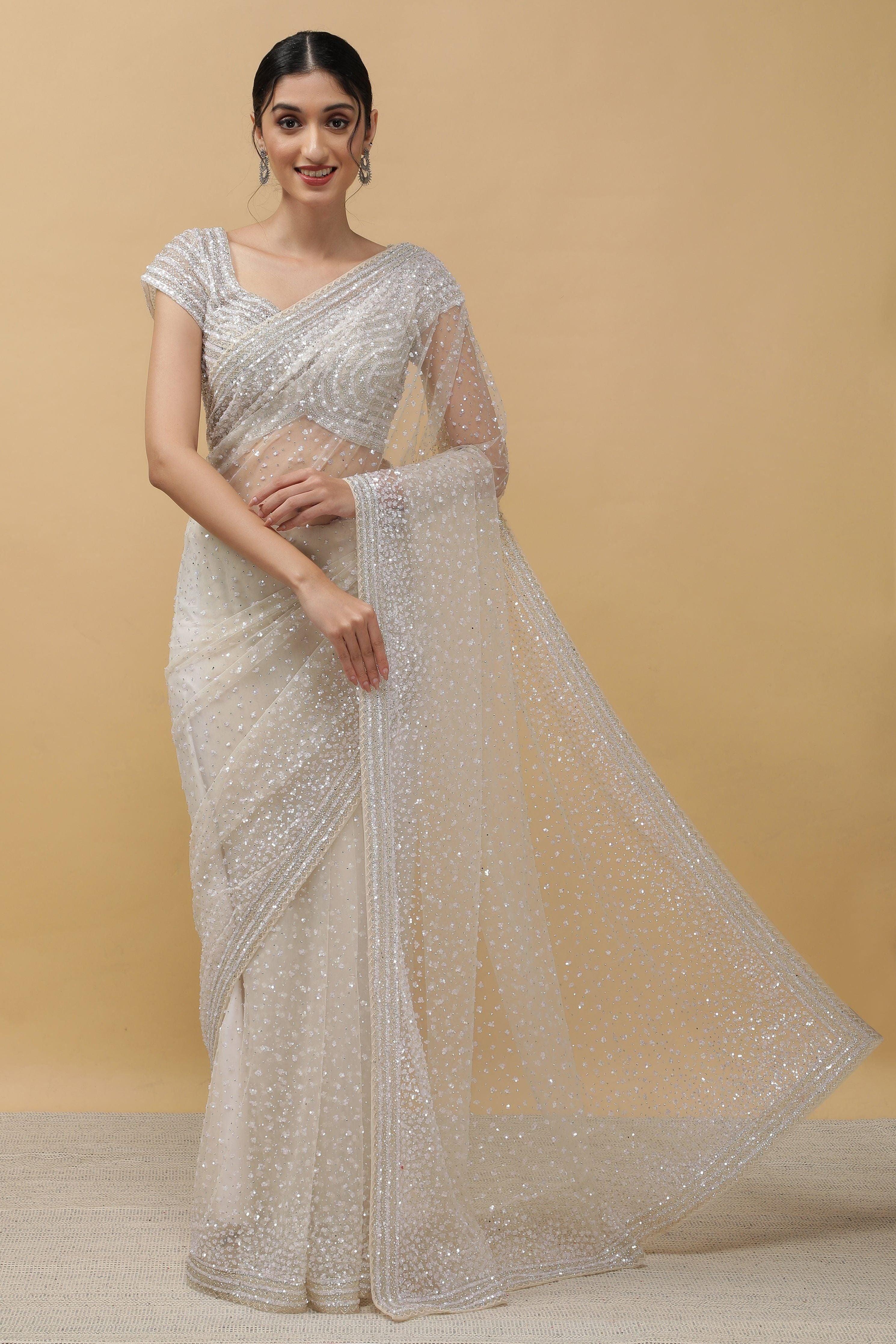 Off White Net Saree With Sequins - Mokshaa