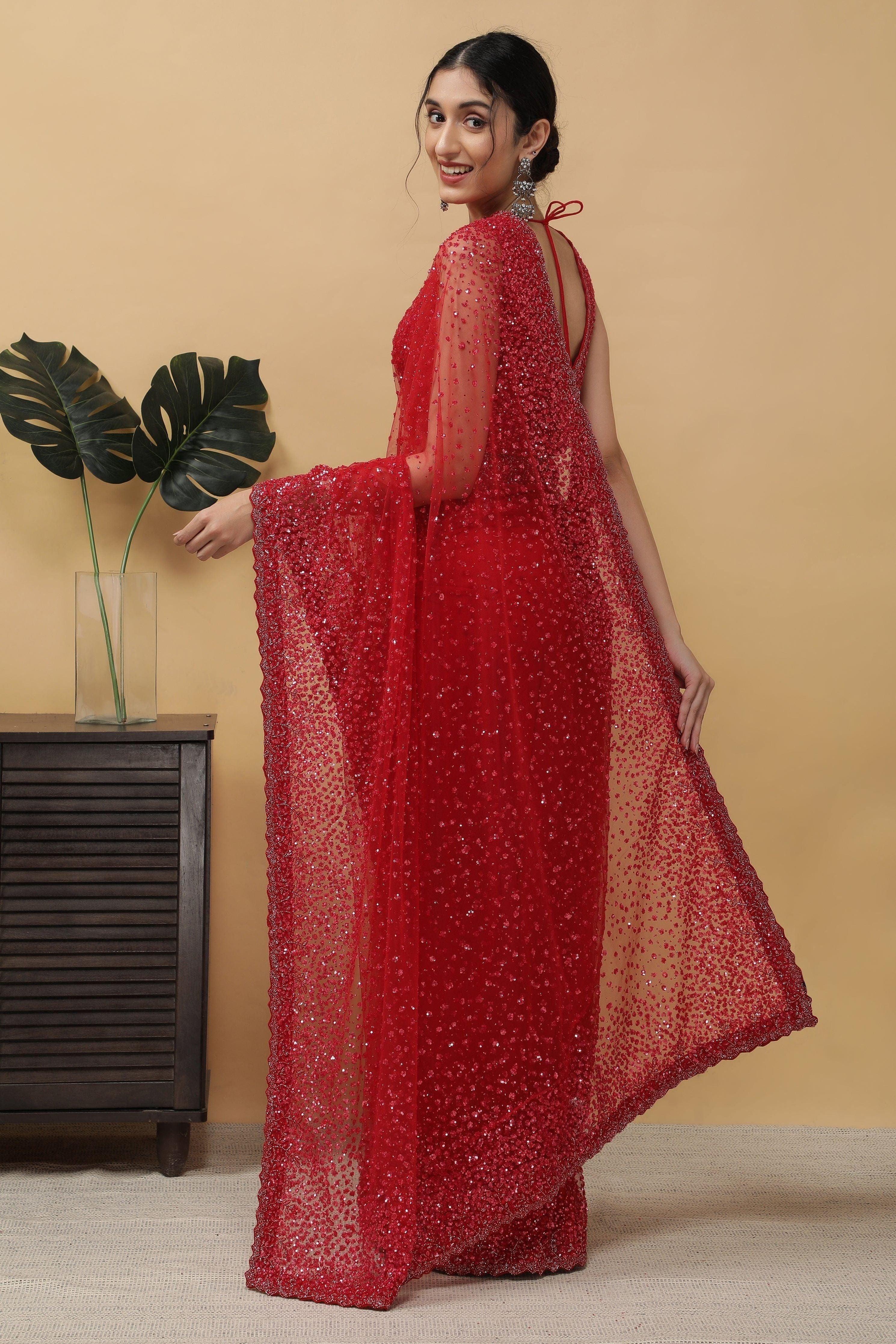 Red Net Saree With Sequins Work - Mokshaa